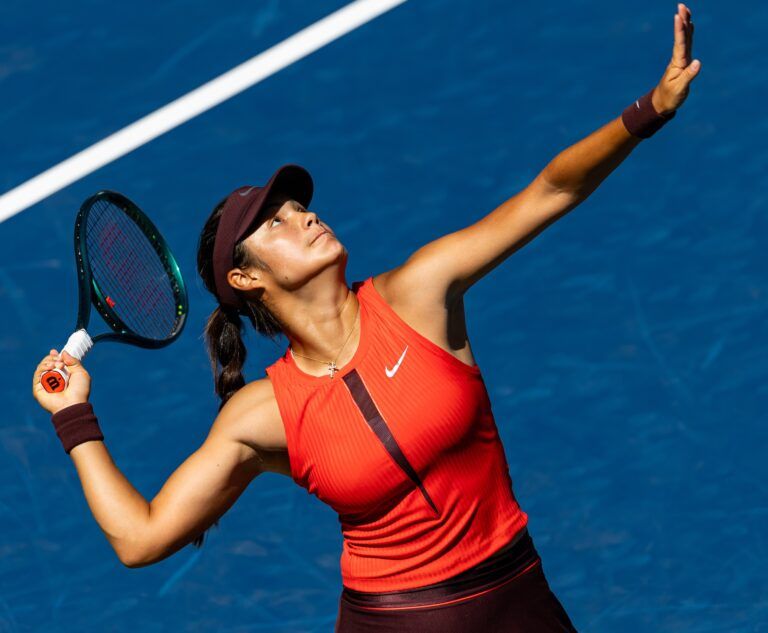 Emma Raducanu of United Kingdom serves against Janice Tjen of Indonesia in the second round of the womens singles at the US Open at Louis Armstrong Stadium in Billie Jean King National Tennis Center.