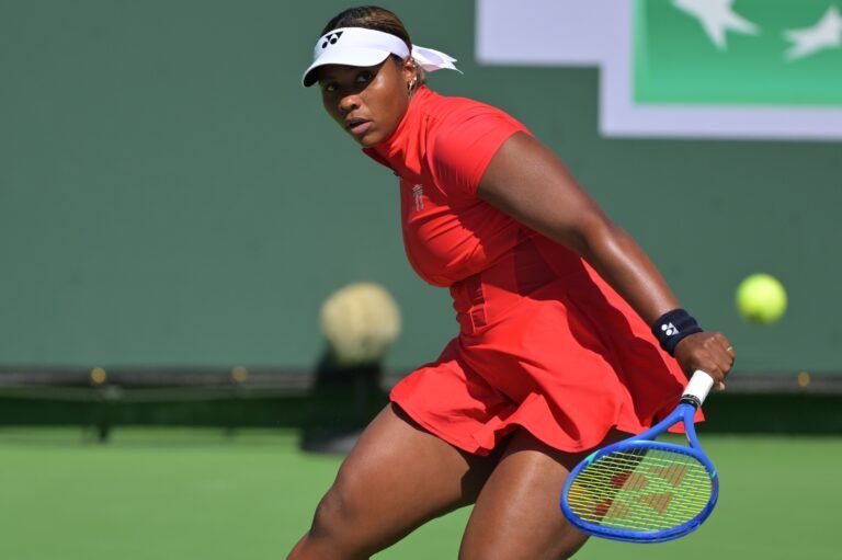 Taylor Townsend (USA) hits a shot in her first round match as she defeated Marie Bouzkova (CZE) during the BNP Paribas Open at the Indian Wells Tennis Garden.