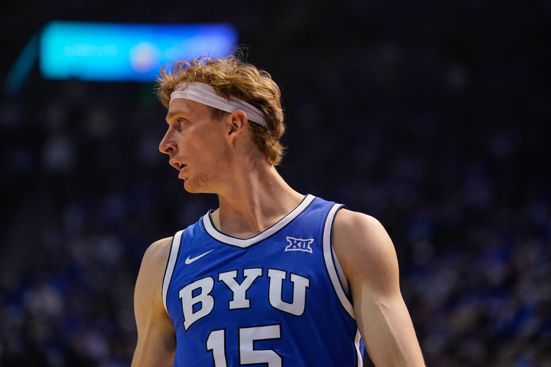 BYU Cougars guard Richie Saunders (15) looks on during the first half against the Utah Utes at Marriott Center.