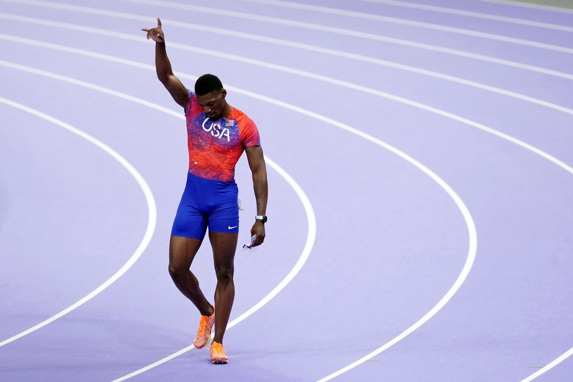 Fred Kerley (USA) reacts after winning bronze in the mens 100m final during the Paris 2024 Olympic Summer Games at Stade de France.