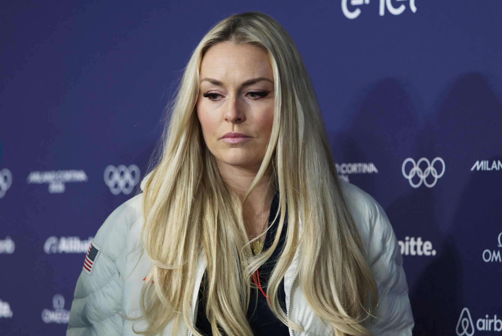 [US, Mexico & Canada customers only] Feb 3, 2026; Cortina d'Ampezzo, ITALY;  Lindsey Vonn attends a press conference at the Cortina Curling Olympic Stadium in preparation for the Milano Cortina 2026 Olympic Winter Games.