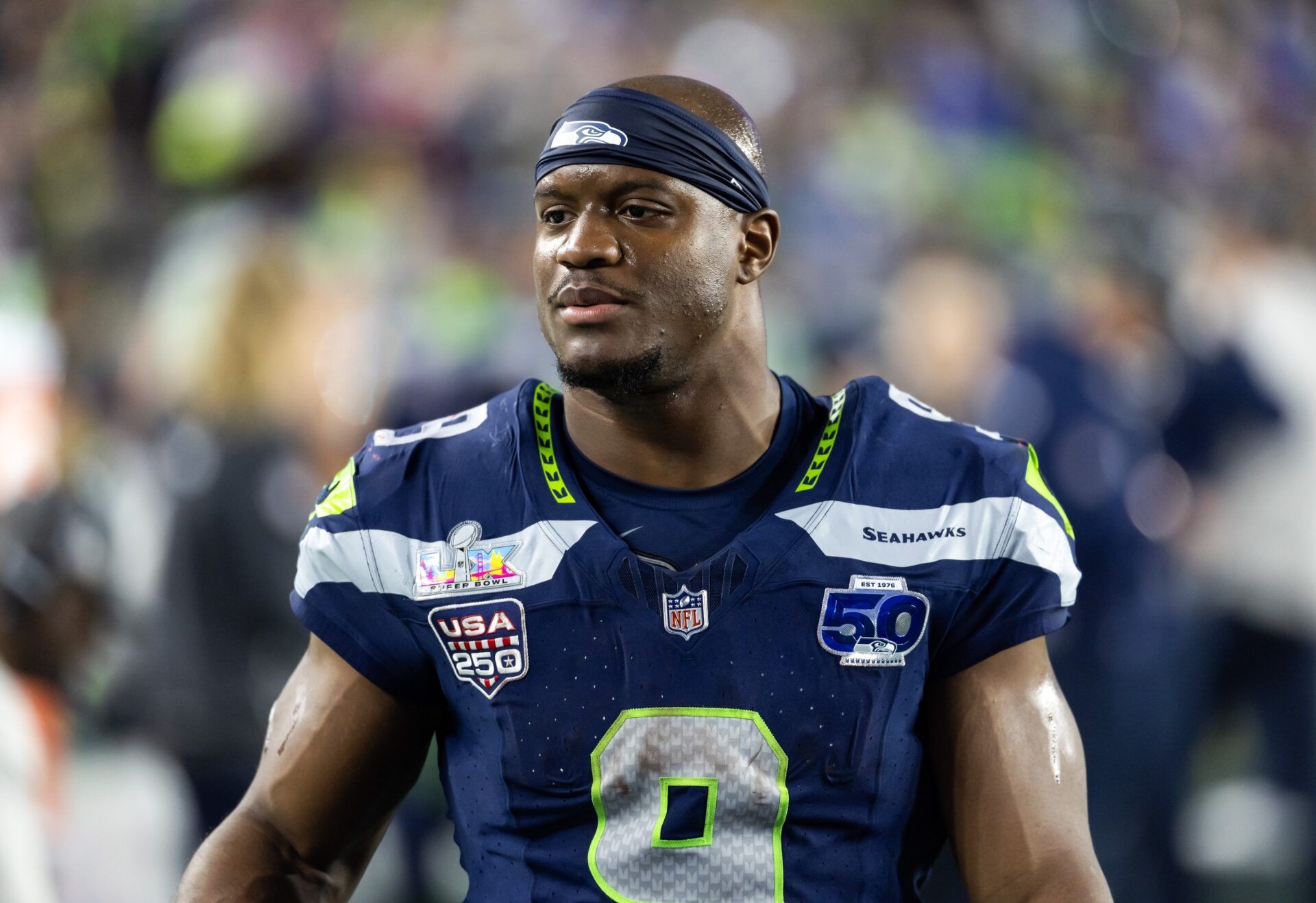 Seattle Seahawks running back Kenneth Walker III (9) against the New England Patriots during Super Bowl LX at Levi's Stadium.