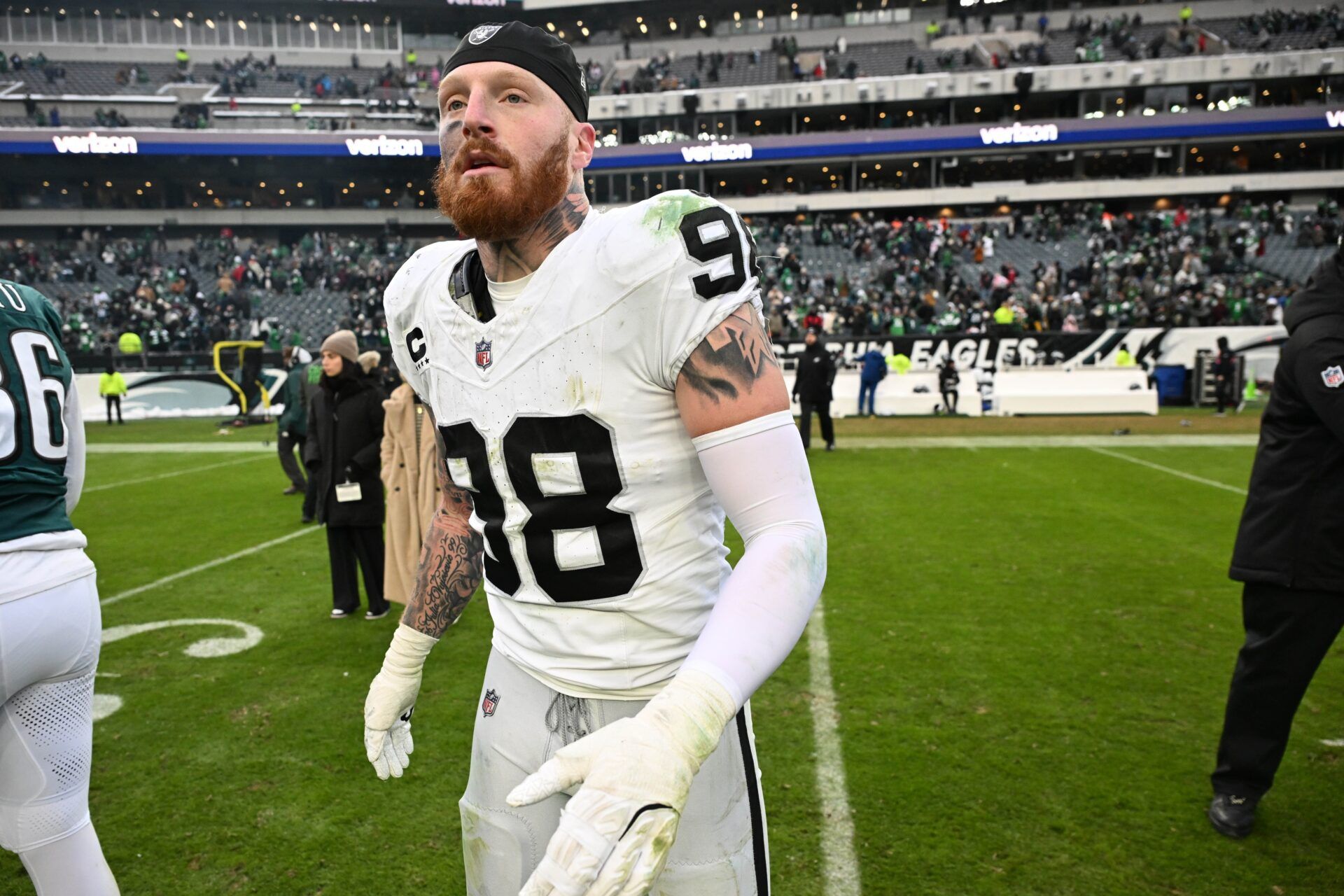 Las Vegas Raiders defensive end Maxx Crosby (98) on the field after loss to the Philadelphia Eagles at Lincoln Financial Field.