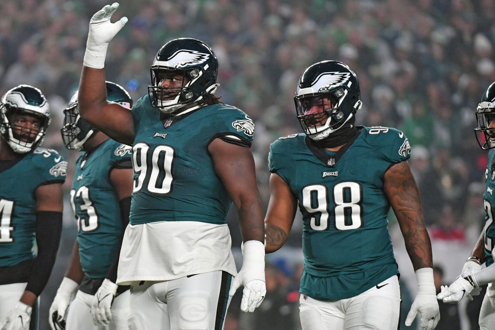Philadelphia Eagles defensive tackle Jordan Davis (90) and  defensive tackle Jalen Carter (98) against the San Francisco 49ers at Lincoln Financial Field.