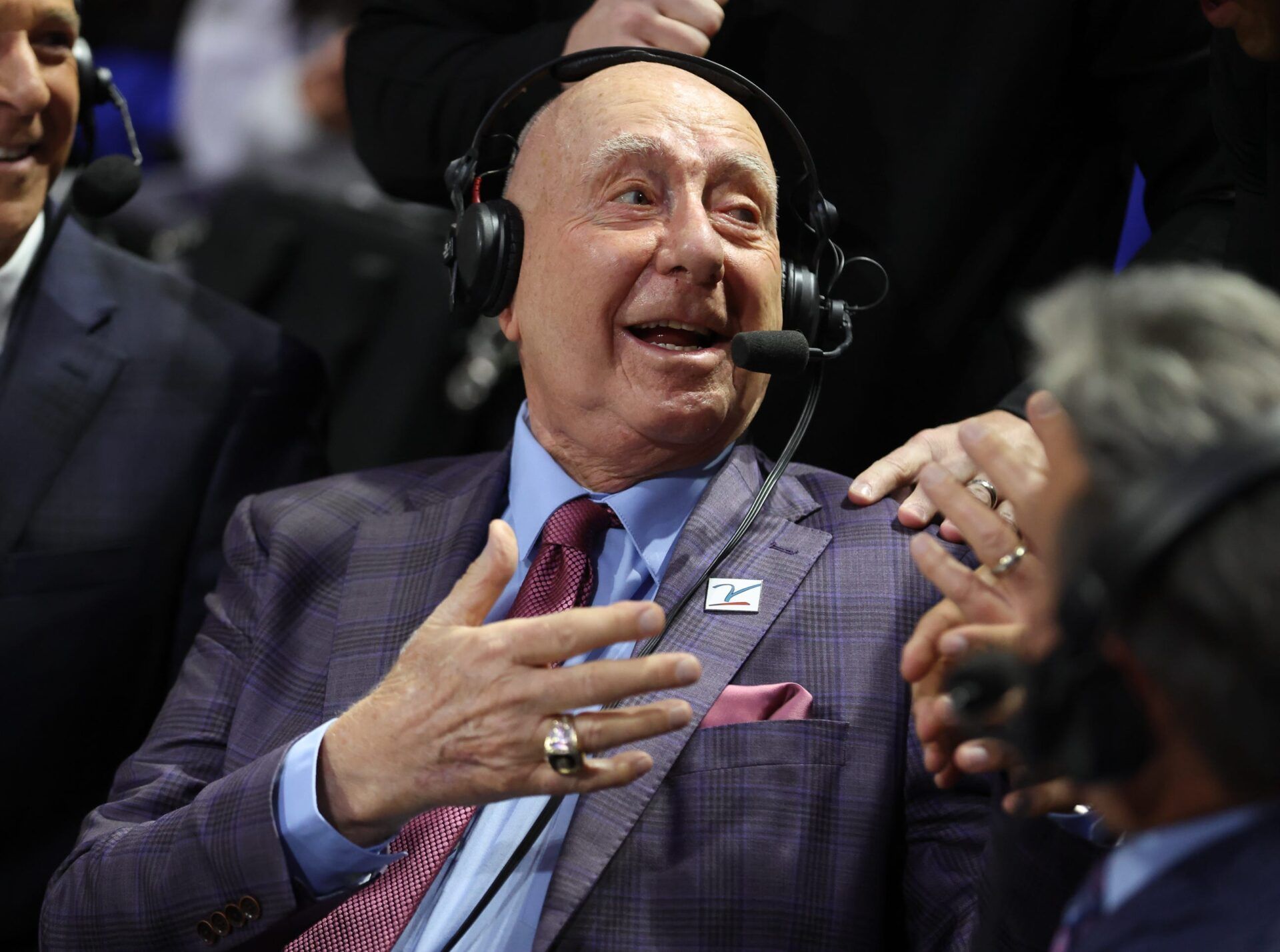 Legendary broadcaster Dick Vitale greets the rest of the broadcasting table during the first half of an NCAA Mens basketball game at Steven C. O'Connell Center Exactek arena in Gainesville, FL on Sunday, February 1, 2026. © Alan Youngblood/Gainesville Sun / USA TODAY NETWORK via Imagn Images