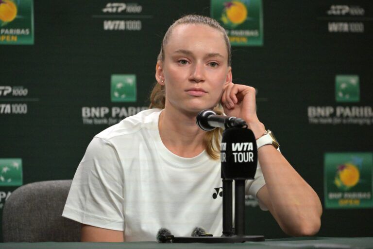 Elena Rybakina (KAZ) speaks to the media at a news conference during the BNP Paribas Open at the Indian Wells Tennis Garden.