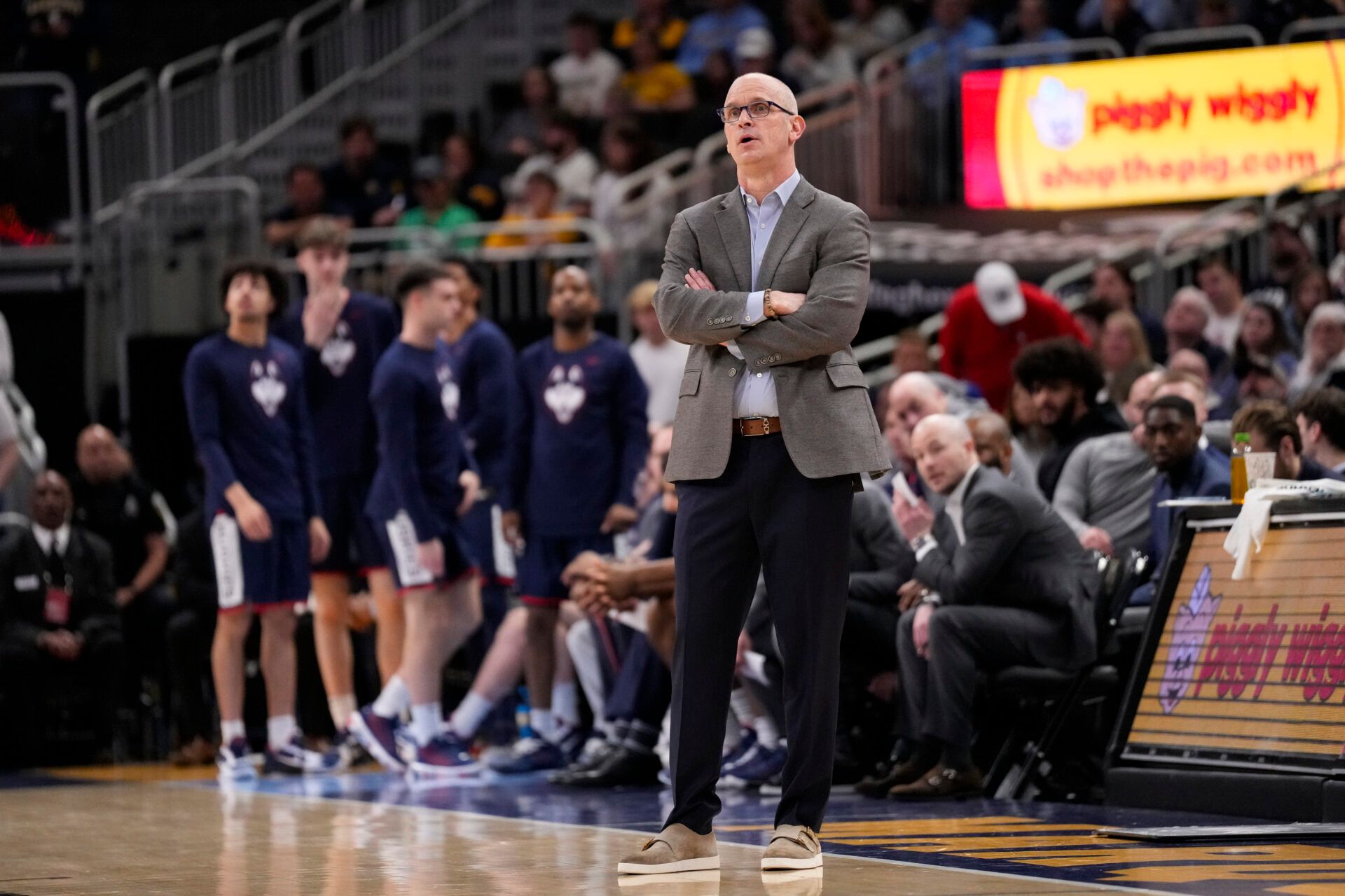 Connecticut Huskies head coach Dan Hurley looks on during the first half against the Marquette Golden Eagles at Fiserv Forum.