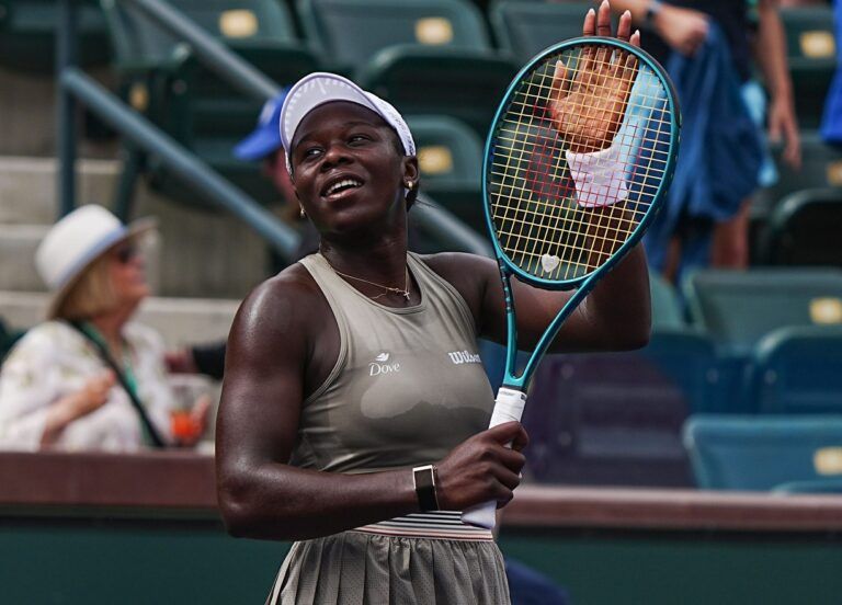 Victoria Mboko celebrates her second round win over Kimberly Birrell at the BNP Paribas Open at the Indian Wells Tennis Garden in Indian Wells, Calif., March 6, 2026.