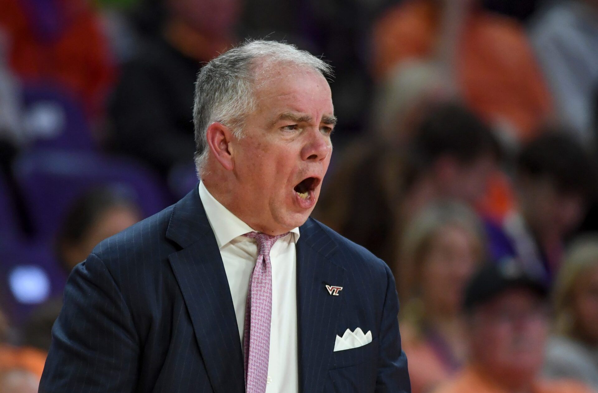 Virginia Tech Hokies head coach Mike Young yells down court Wednesday, Feb. 11, 2026, during the NCAA men’s basketball game against the Clemson Tigers at Littlejohn Coliseum in Clemson, South Carolina. © Alex Martin/Greenville News / USA TODAY NETWORK via Imagn Images