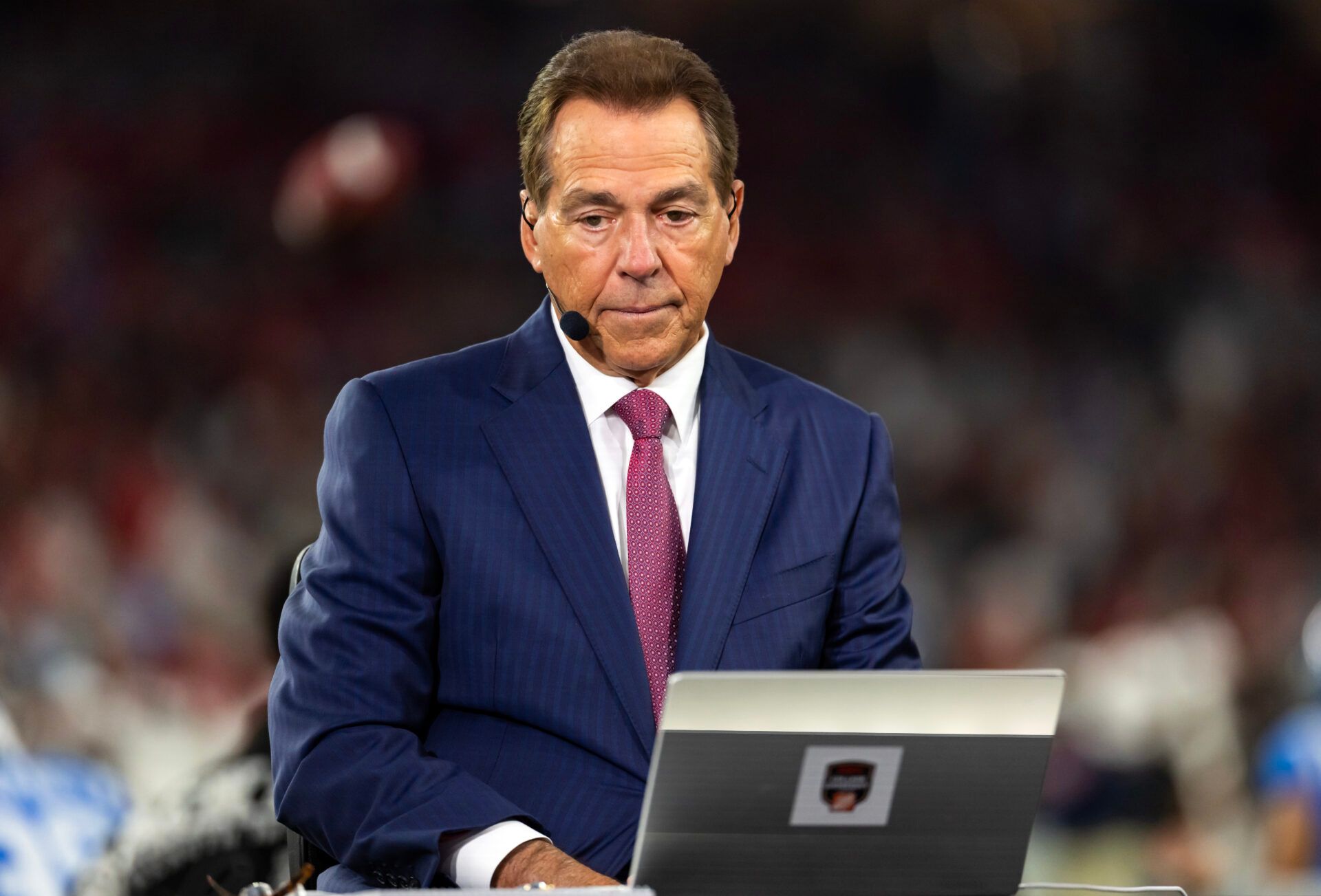ESPN personality Nick Saban during 2026 Fiesta Bowl and semifinal game of the College Football Playoff at State Farm Stadium.
