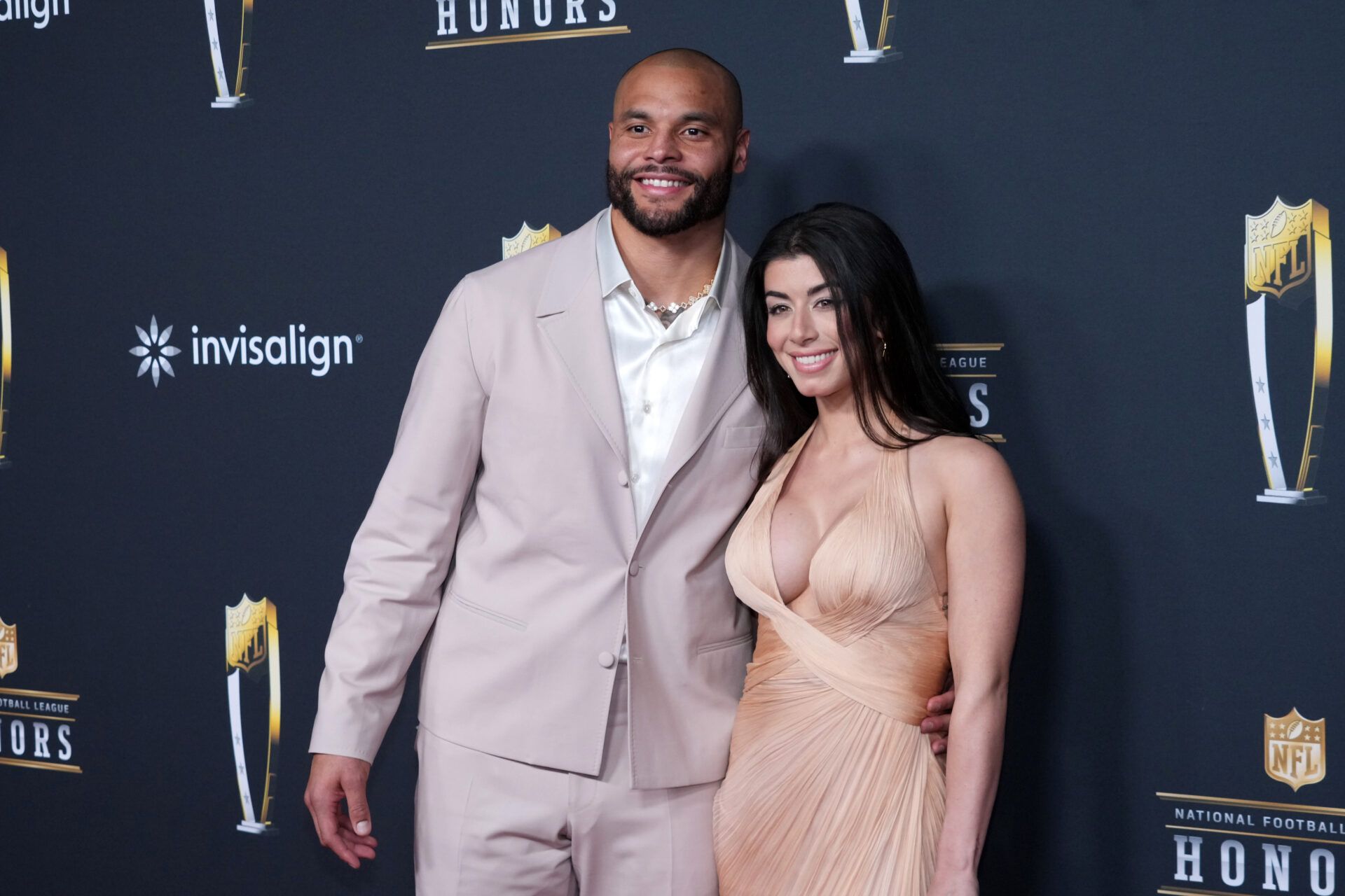 Dallas Cowboys quarterback Dak Prescott and wife Sarah Jane Ramos pose on the NFL Honors Red Carpet before Super Bowl LX at Palace of Fine Arts.