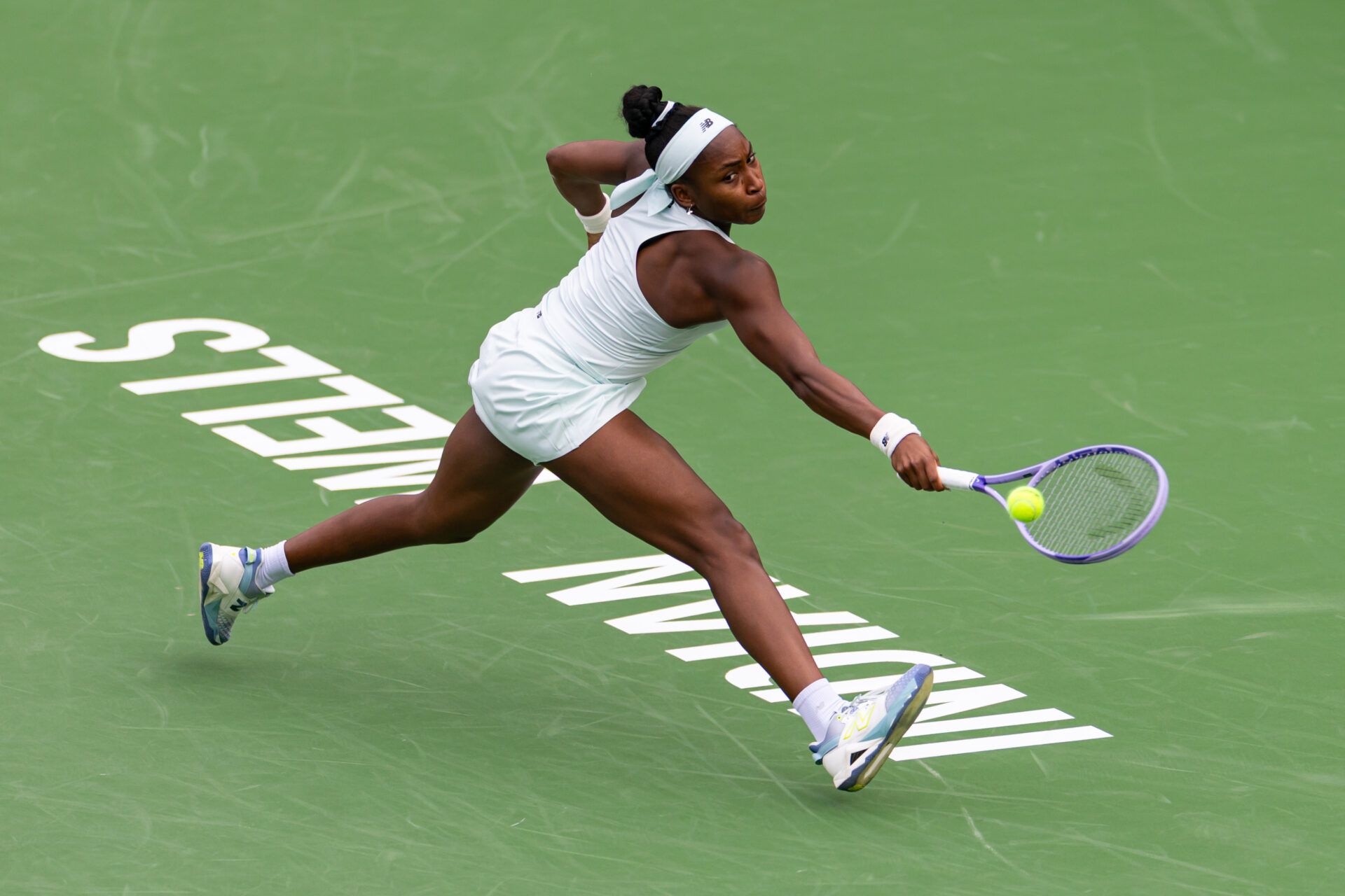 Coco Gauff of the United States during the match against Kamilla Rakhimova of Russia in the second round of the women’s singles at the BNP Paribas Open at the Indian Wells Tennis Garden.