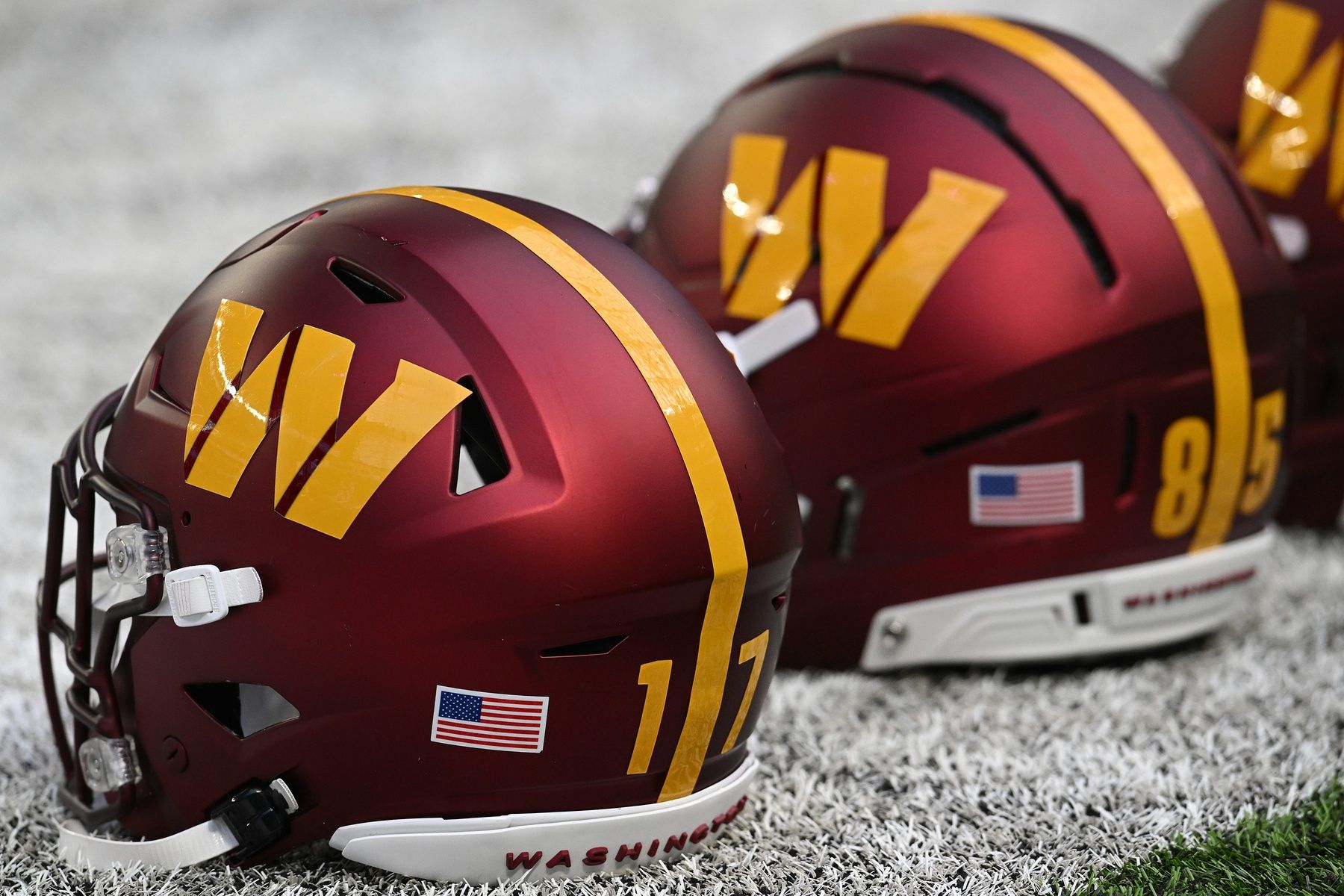 A detail view of the Washington Commanders helmet before the game at U.S. Bank Stadium.