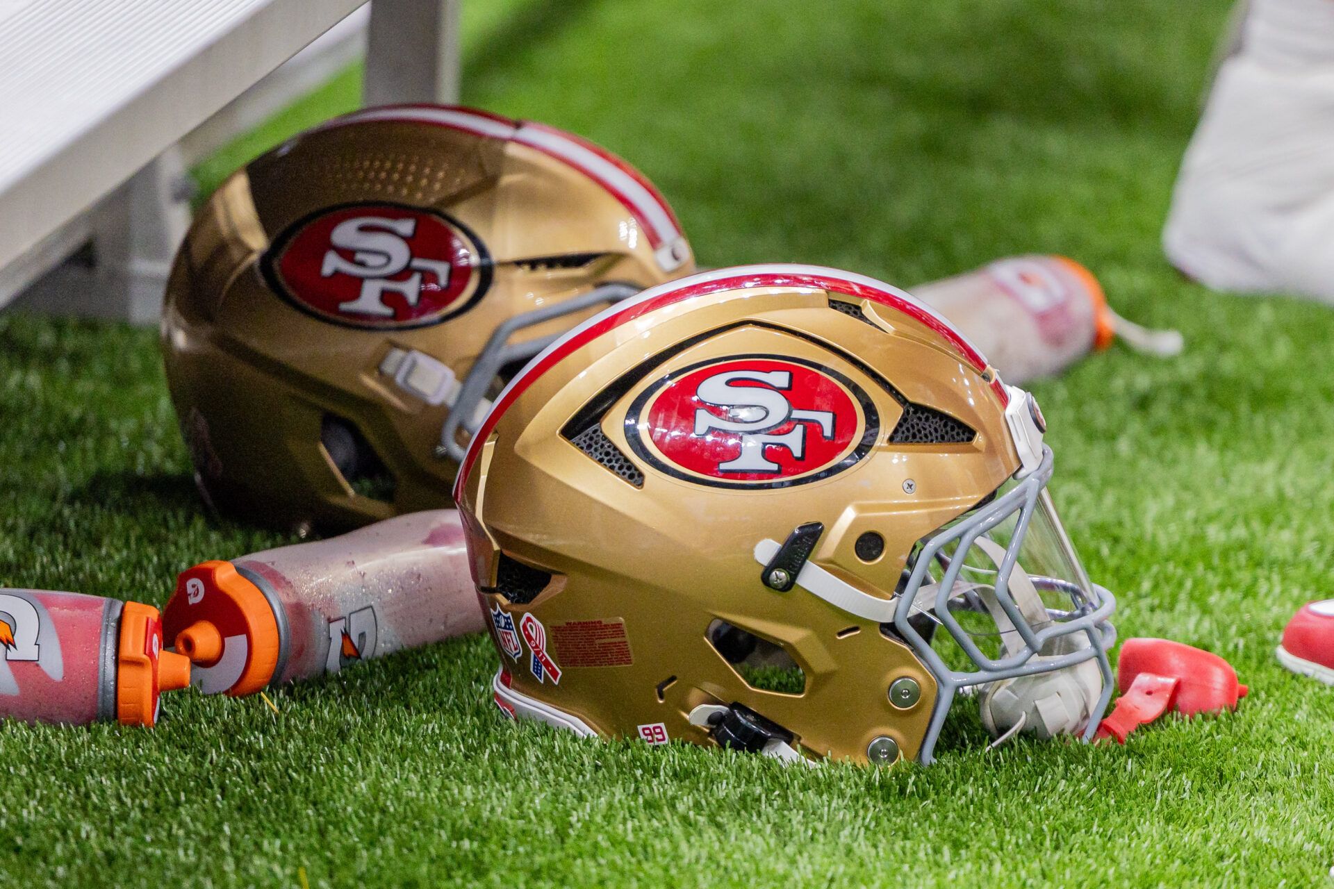 Detailed view of the San Francisco 49ers helmets against the New Orleans Saints during the first half at Caesars Superdome.