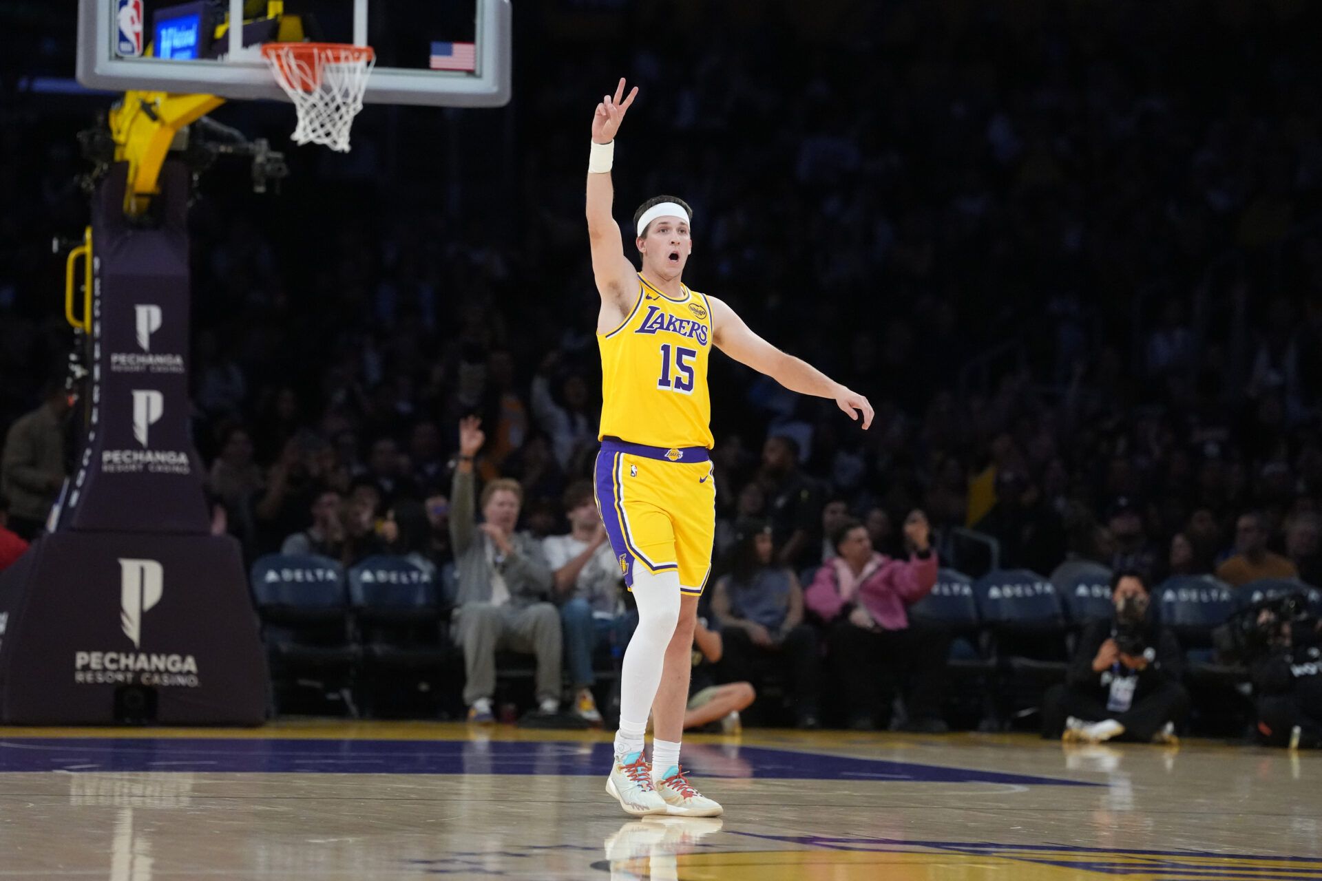 Los Angeles Lakers guard Austin Reaves (15) gestures against the Indiana Pacers in the first half at Crypto.com Arena.