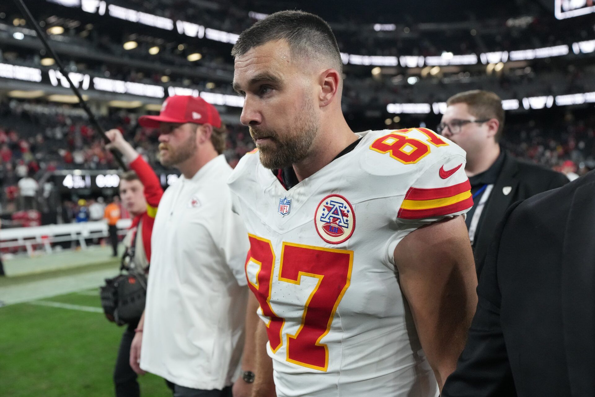 Kansas City Chiefs tight end Travis Kelce (87) leaves the field after the game against the Las Vegas Raiders at Allegiant Stadium.