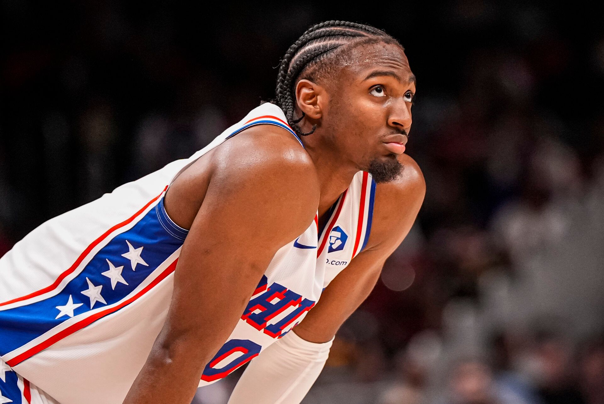Philadelphia 76ers guard Tyrese Maxey (0) on the court during the game against the Atlanta Hawks during the second half at State Farm Arena.