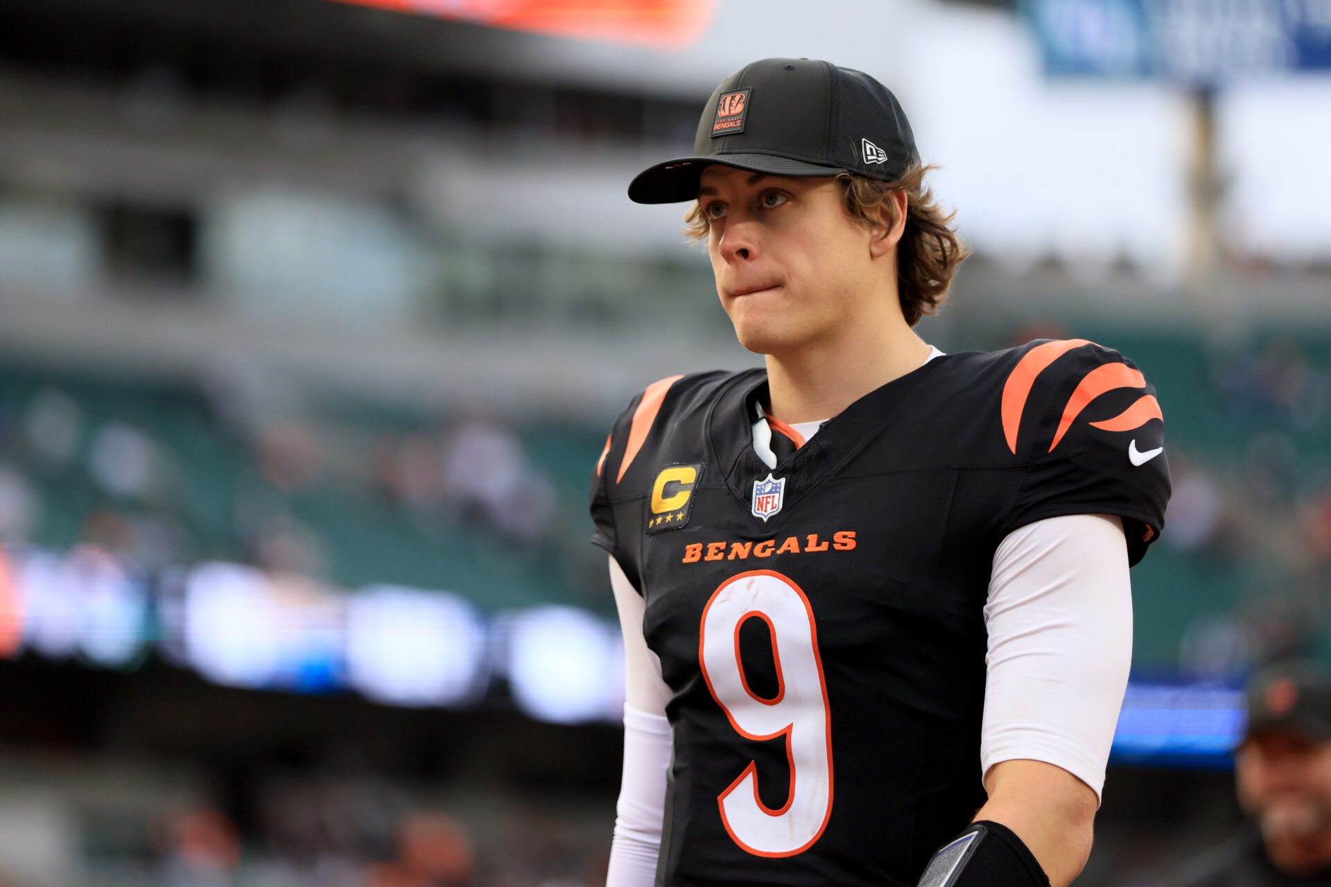 Cincinnati Bengals quarterback Joe Burrow (9) leaves the field after a game against the Arizona Cardinals at Paycor Stadium.