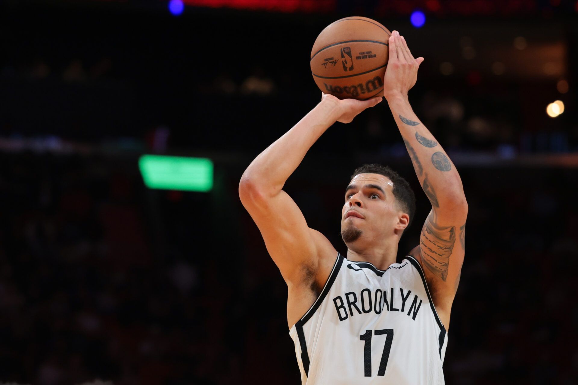 Brooklyn Nets forward Michael Porter Jr. (17) shoots a free throw against the Miami Heat during the second quarter at Kaseya Center.
