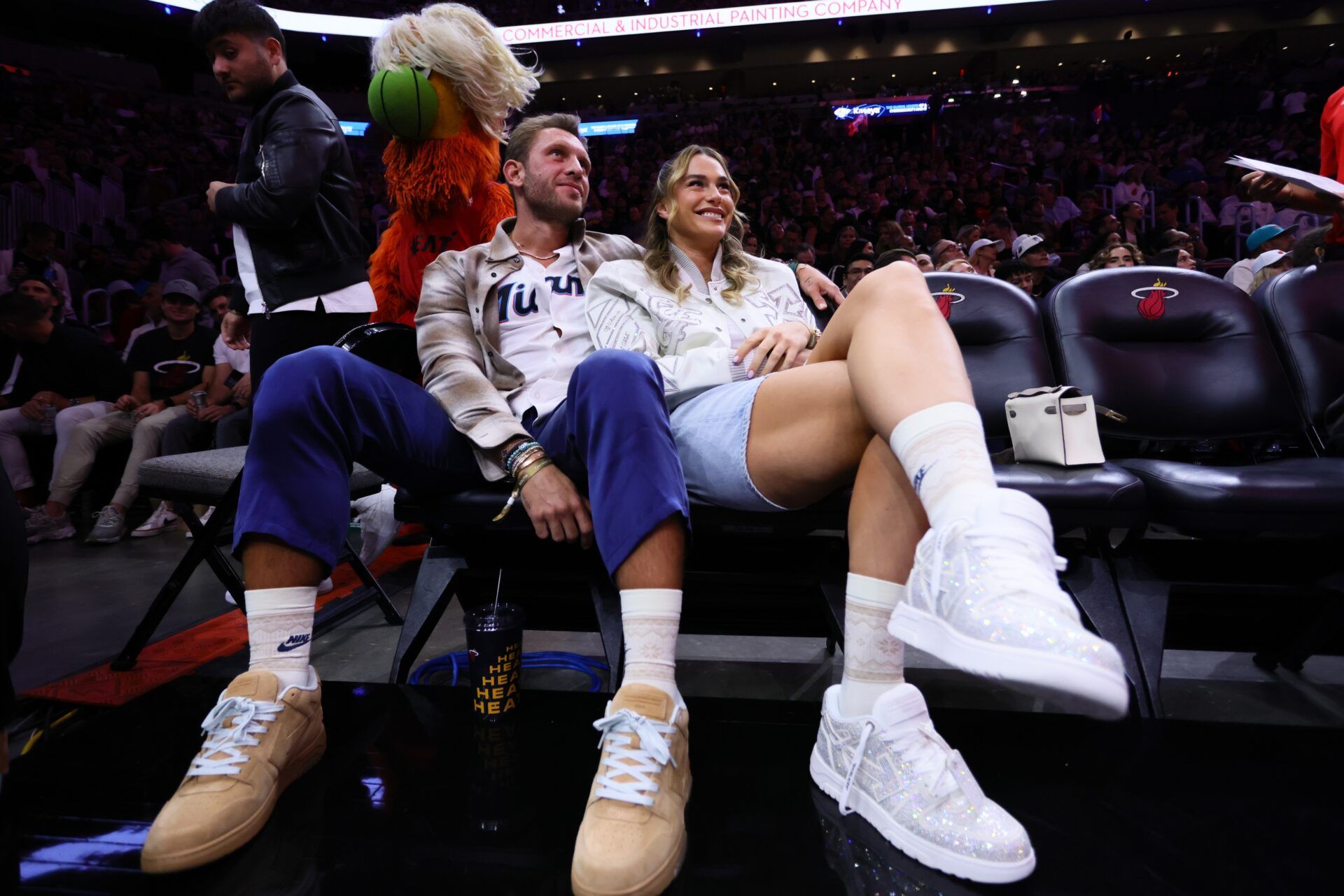 Aryna Sabalenka and Georgios Frangulis attend the game between the Miami Heat and the Philadelphia 76ers at Kaseya Center.