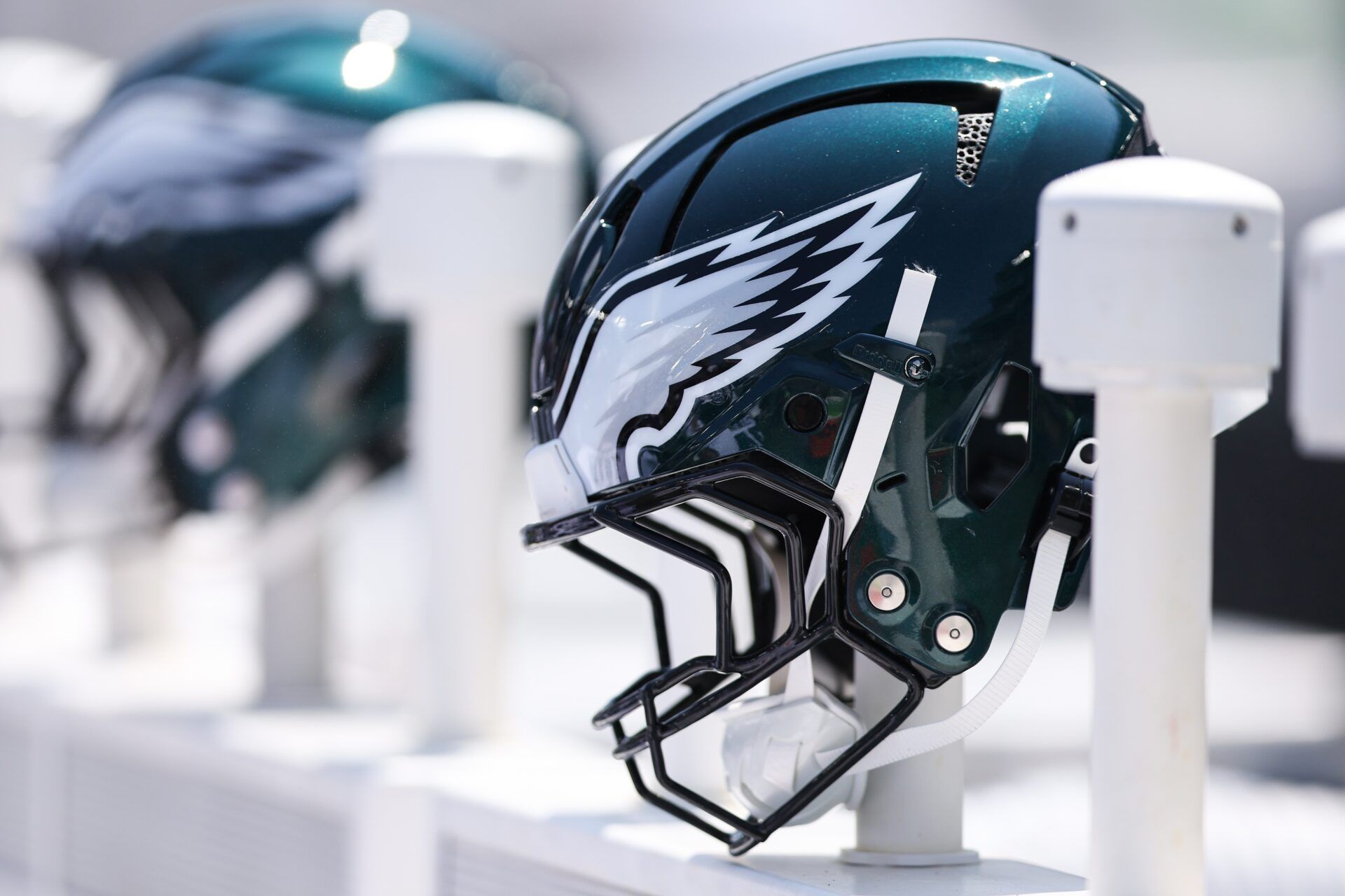 Philadelphia Eagles helmet on the bench during a game against the Cleveland Browns at Lincoln Financial Field.