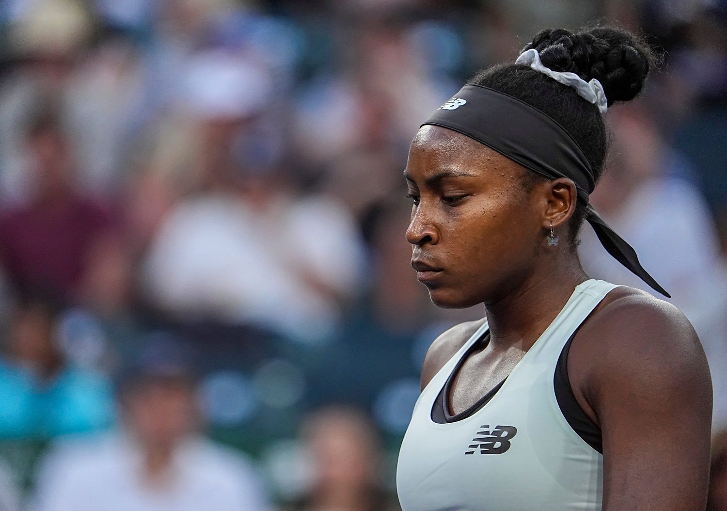 Coco Gauff reacts to a game lost during her first set against Alexandra Eala in their third-round match at the BNP Paribas Open in Indian Wells, Calif., Sunday, March 8, 2026.