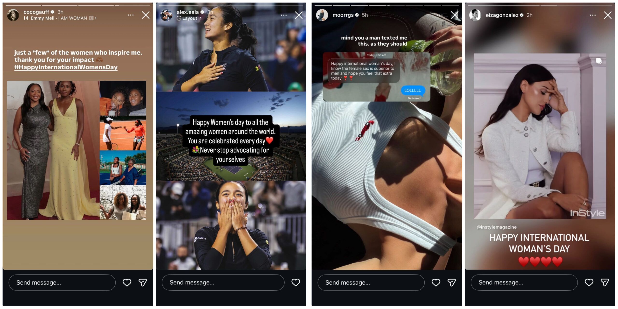 Screen grab of Coco Gauff, Alexandra Eala, Morgan Riddle and Eiza González's Instagram stories