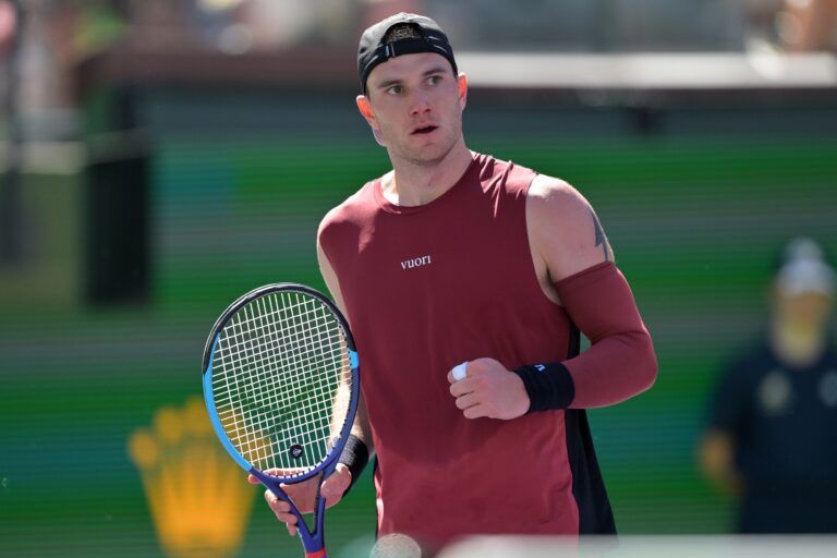 Jack Draper (GBR) hits a shot during his second round match against Roberto Bautista Agut (ESP) in the BNP Paribas Open at the Indian Wells Tennis Garden.