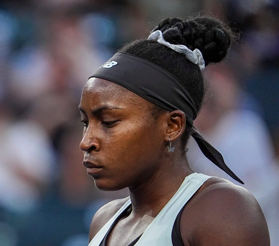 Coco Gauff reacts to a game lost during her first set against Alexandra Eala in their third-round match at the BNP Paribas Open in Indian Wells, Calif., Sunday, March 8, 2026.