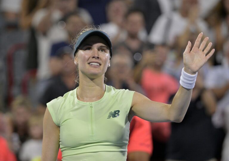 Eugenie Bouchard (CAN) reacts after winning her match against Emiliana Arango (COL) in first round play at IGA Stadium.