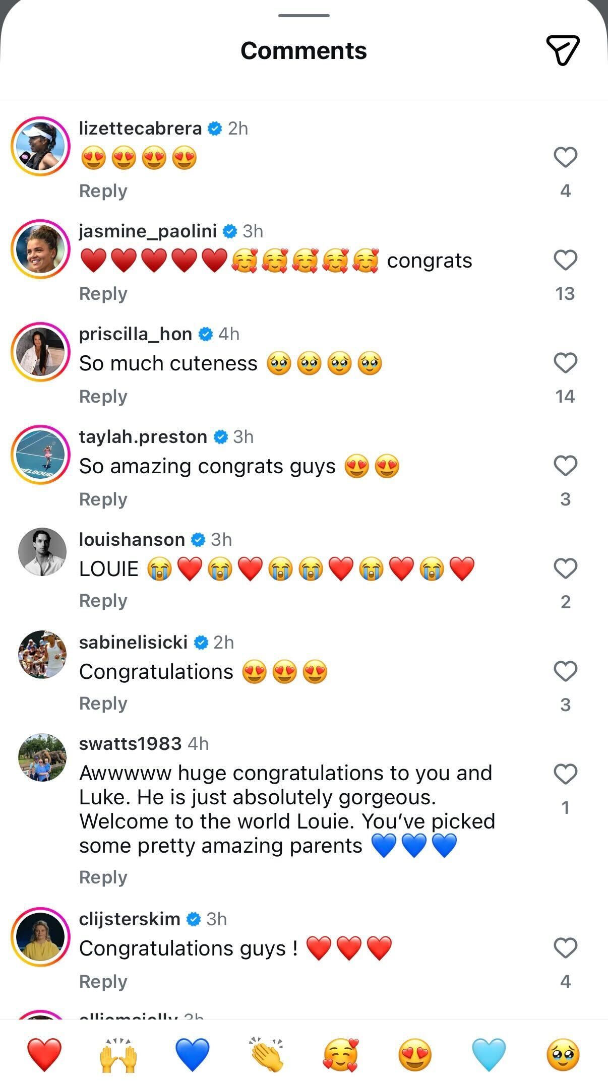 Players' comments on Daria Saville's Instagram post