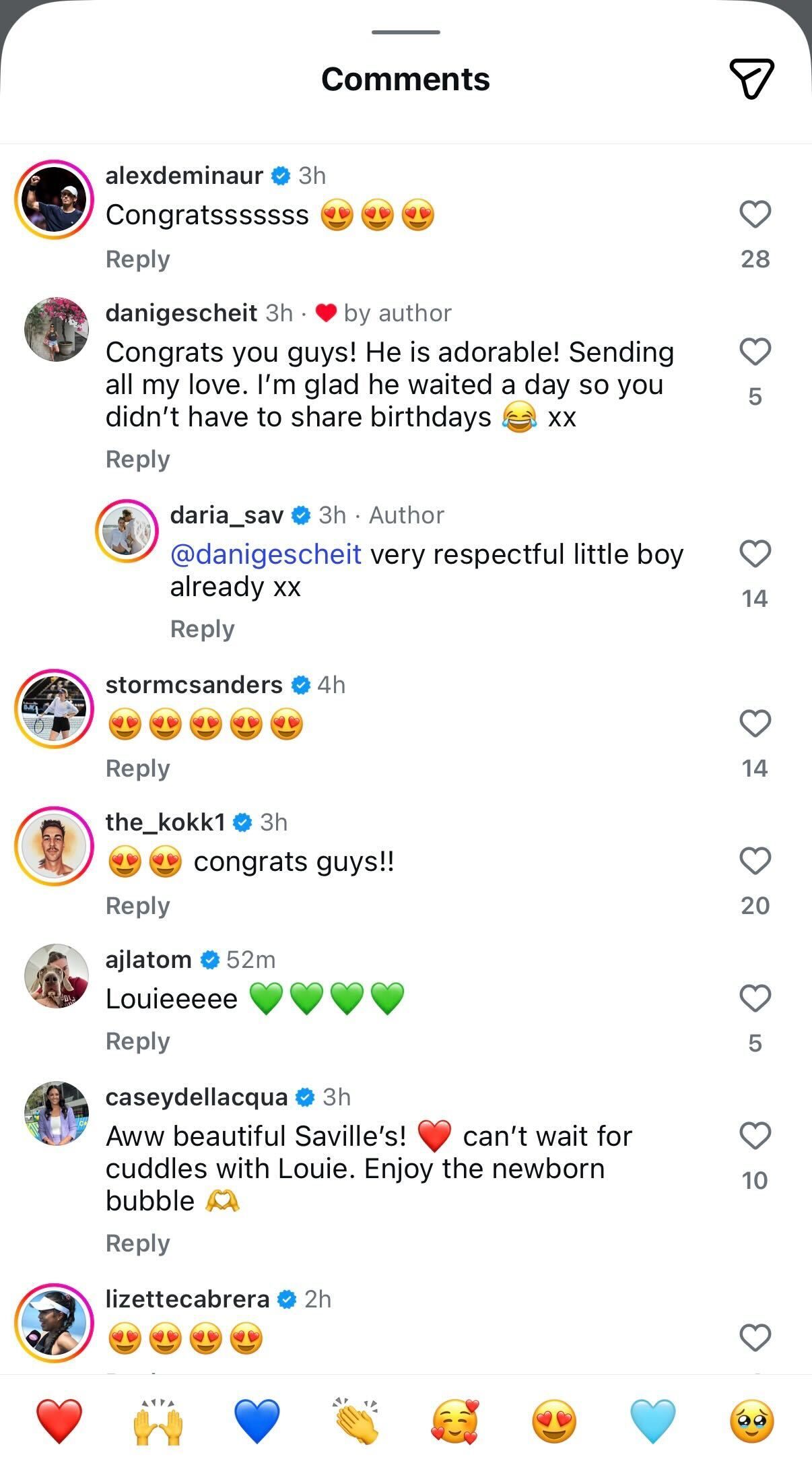Players' comments on Daria Saville's Instagram post