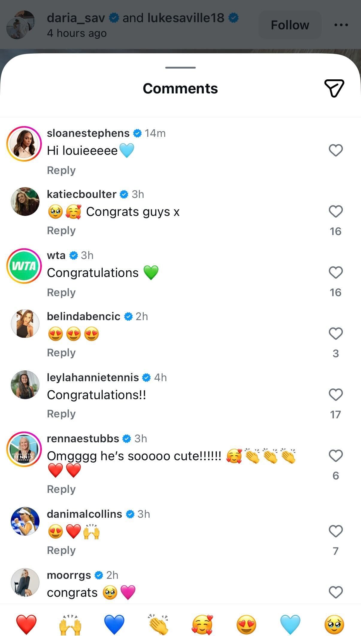 Players' comments on Daria Saville's Instagram post
