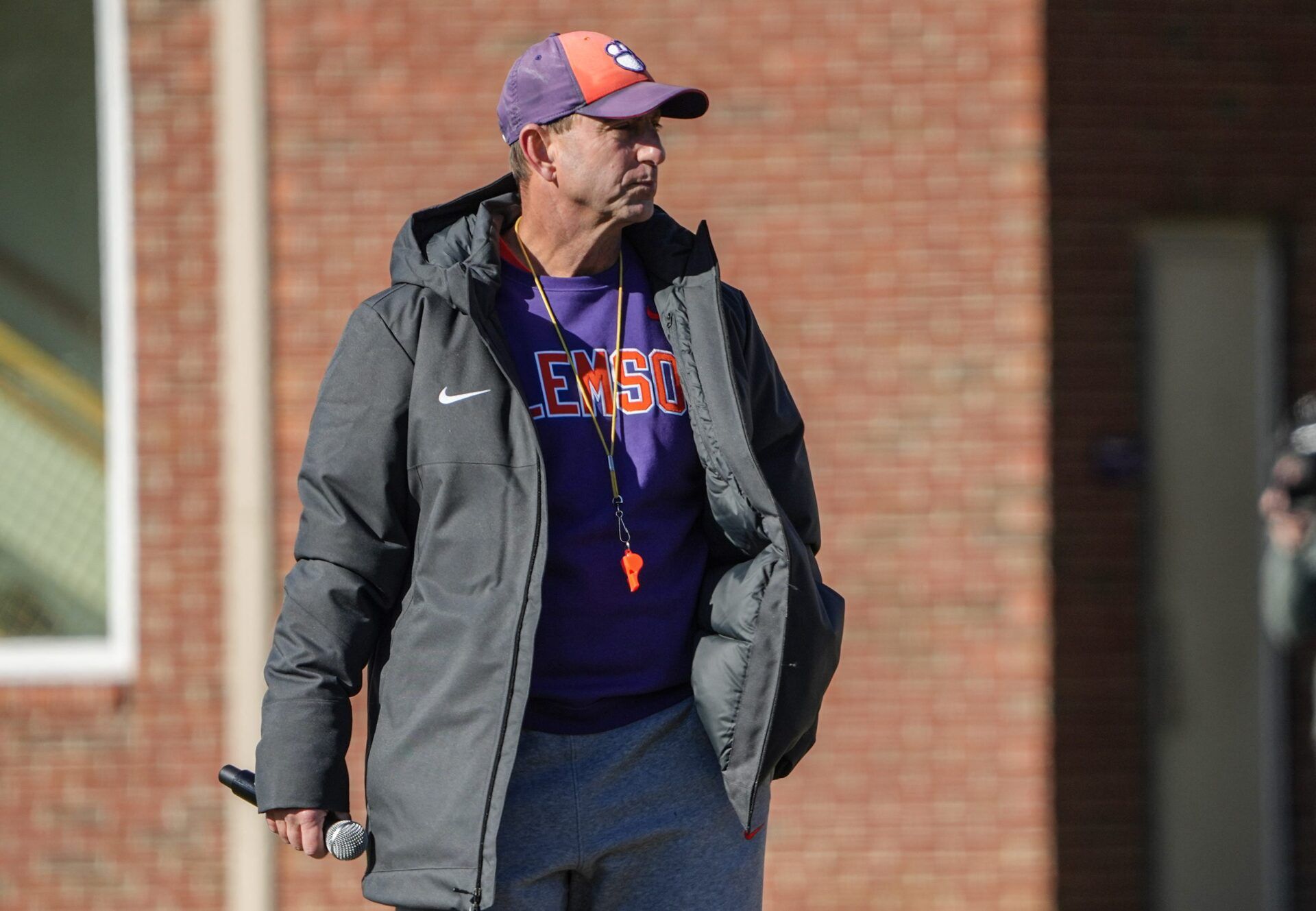 Clemson head coach Dabo Swinney during the Pinstipe Bowl practice in Clemson, S.C. Monday, Dec. 15, 2025.