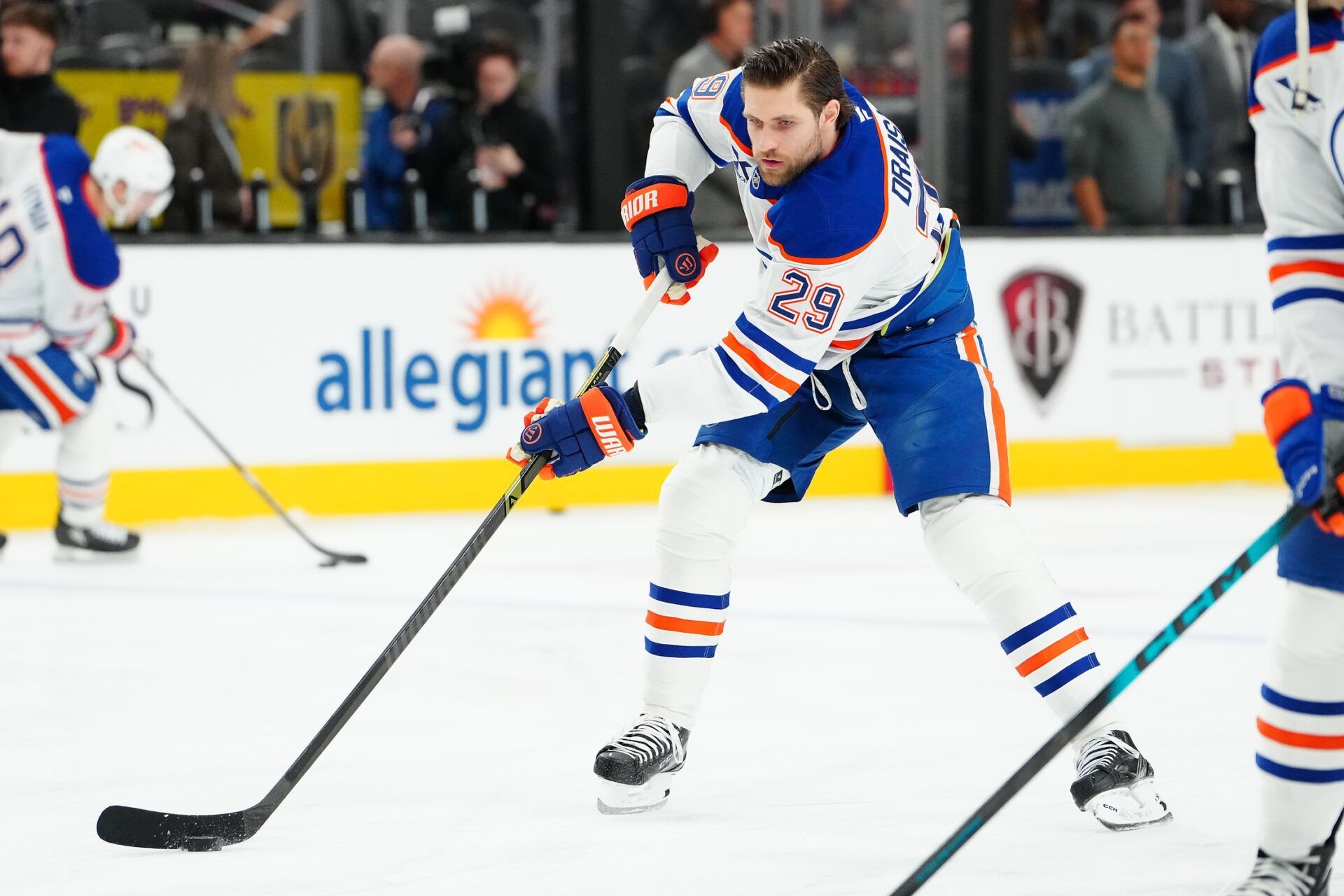 Edmonton Oilers center Leon Draisaitl (29) warms up before a game against the Vegas Golden Knights at T-Mobile Arena.