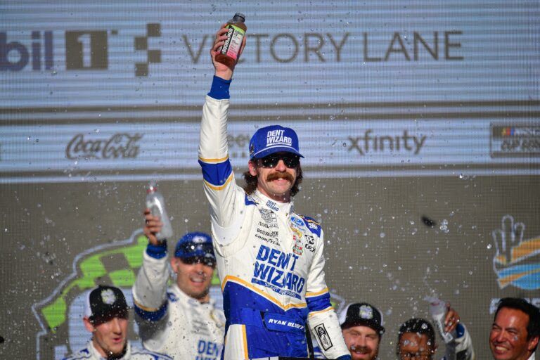 Team Penske driver Ryan Blaney (12) celebrates his victory of the Straight Talk Wireless 500 at Phoenix Raceway.