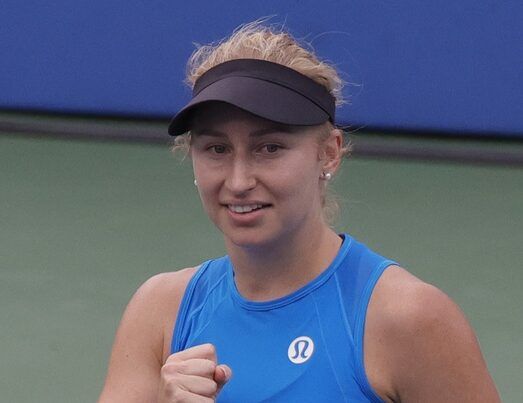 Daria Saville (AUS) reacts after winning the first set against Rebecca Marino (CAN) (not pictured) on day five of the Citi Open at Rock Creek Park Tennis Center.