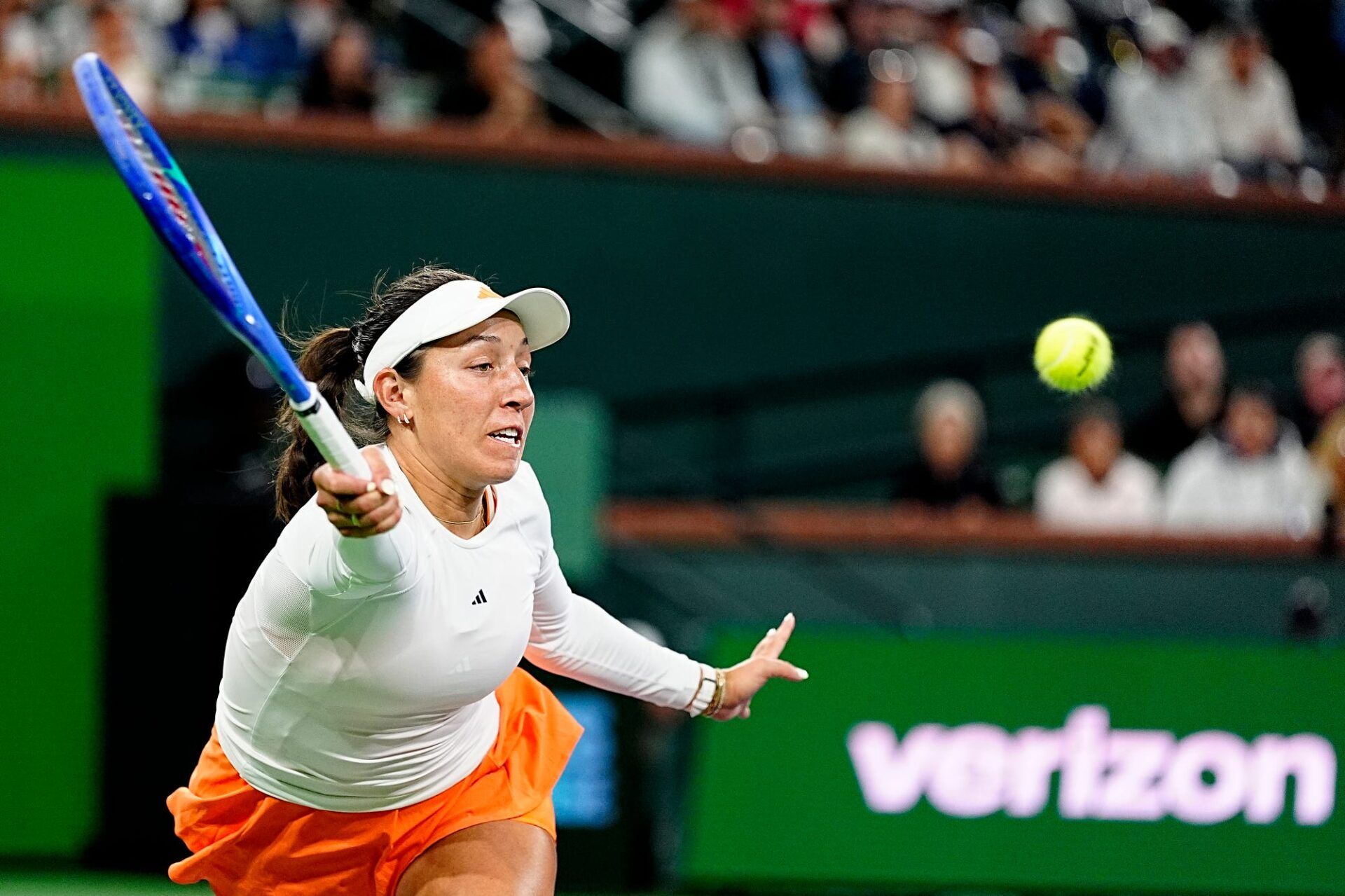 Jessica Pegula returns to Donna Vekic during her second-round win on Stadium 1 at the BNP Paribas Open in Indian Wells, Calif., Saturday, March 7, 2026. (Image via Imagn)