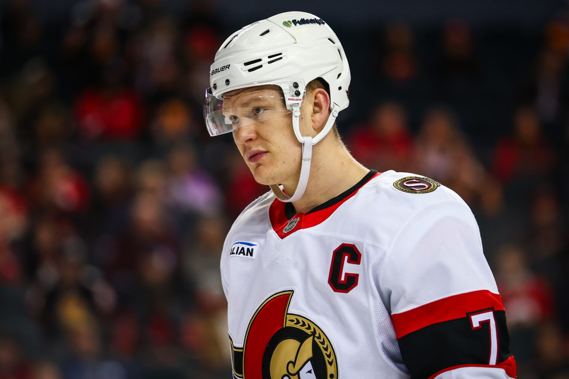 Ottawa Senators left wing Brady Tkachuk (7) at Scotiabank Saddledome.