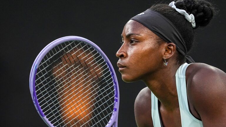 Coco Gauff awaits a serve from Alexandra Eala during their third-round match at the BNP Paribas Open in Indian Wells, Calif., Sunday, March 8, 2026.