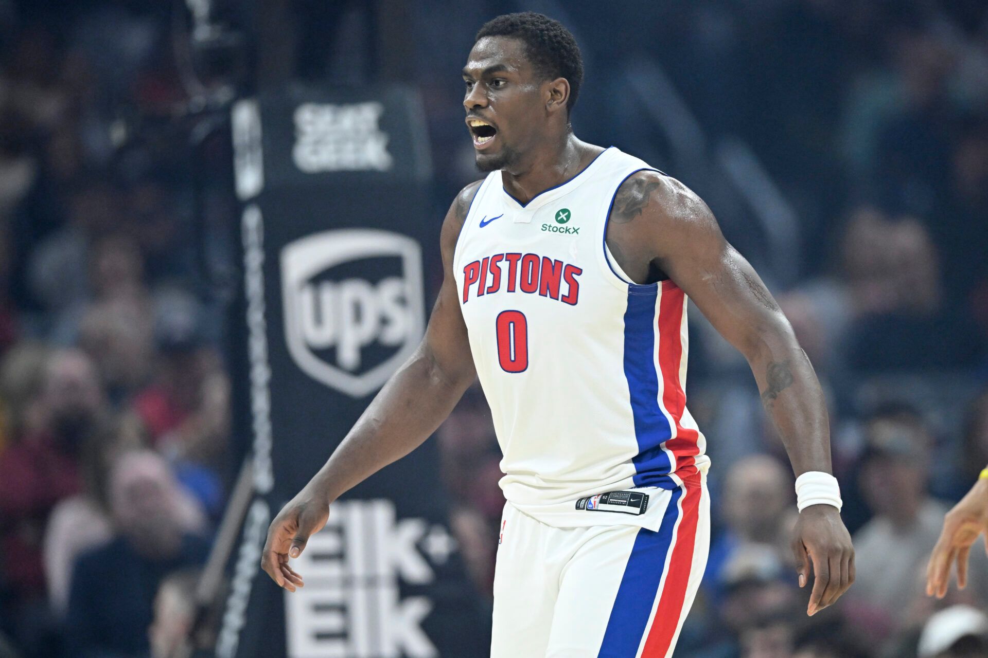 Detroit Pistons center Jalen Duren (0) reacts in the first quarter against the Cleveland Cavaliers at Rocket Arena.