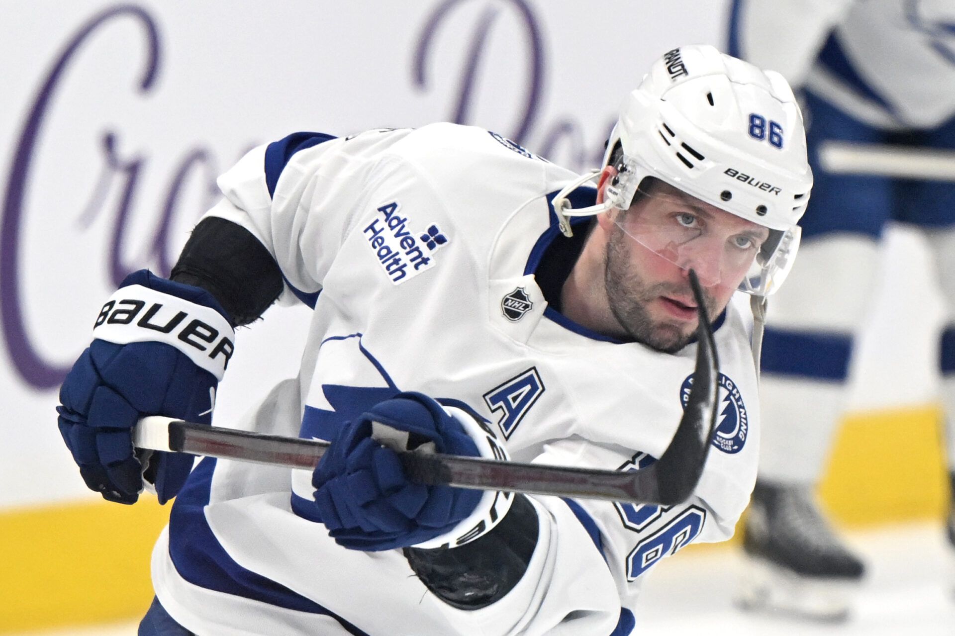 Tampa Bay Lightning forward Nikita Kucherov (86) warms up before playing the Toronto Maple Leafs at Scotiabank Arena.