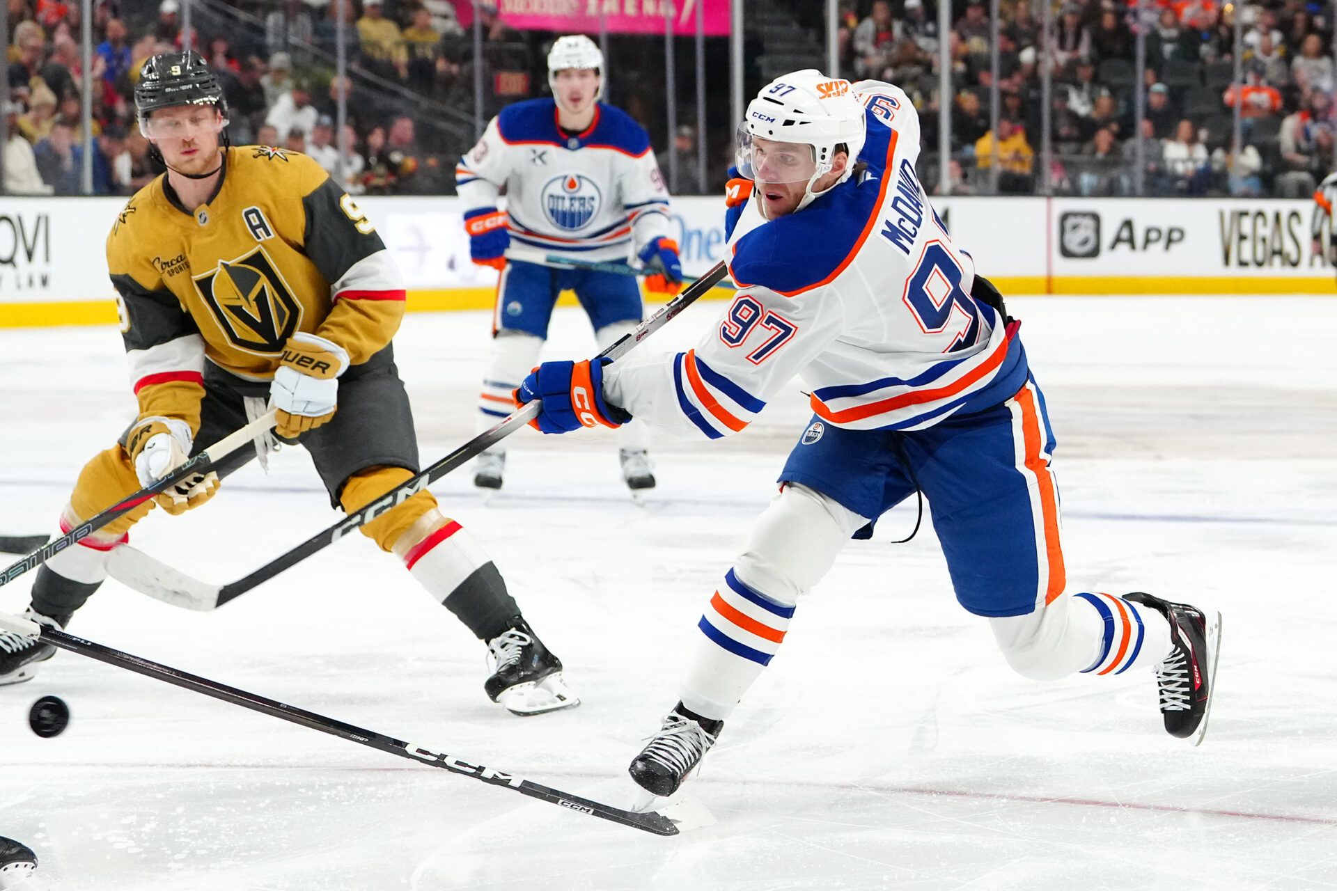 Edmonton Oilers center Connor McDavid (97) shoots against the Vegas Golden Knights during the second period at T-Mobile Arena.