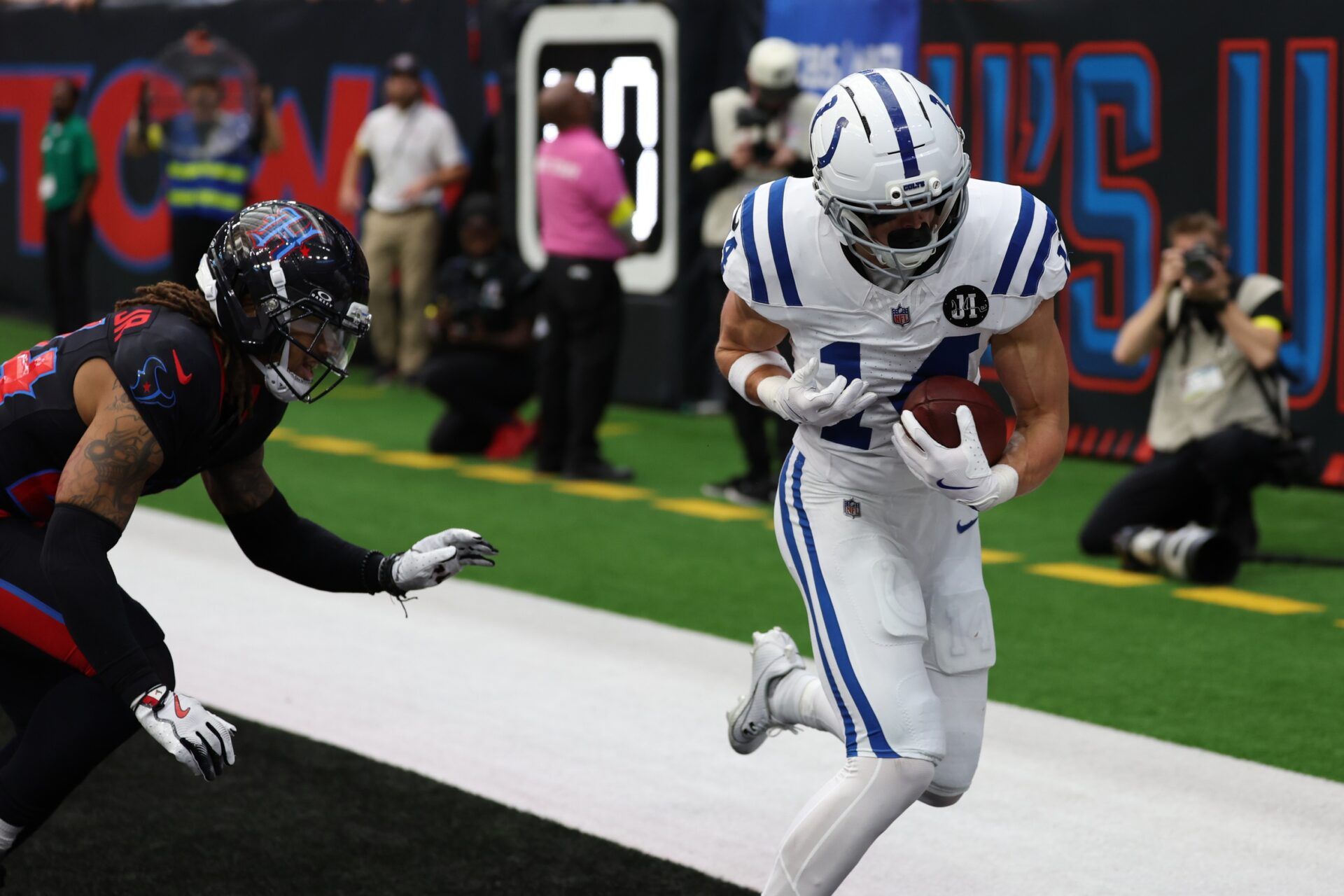 Indianapolis Colts wide receiver Alec Pierce (14) catches a touchdown pass against the Houston Texans during the first half at NRG Stadium.