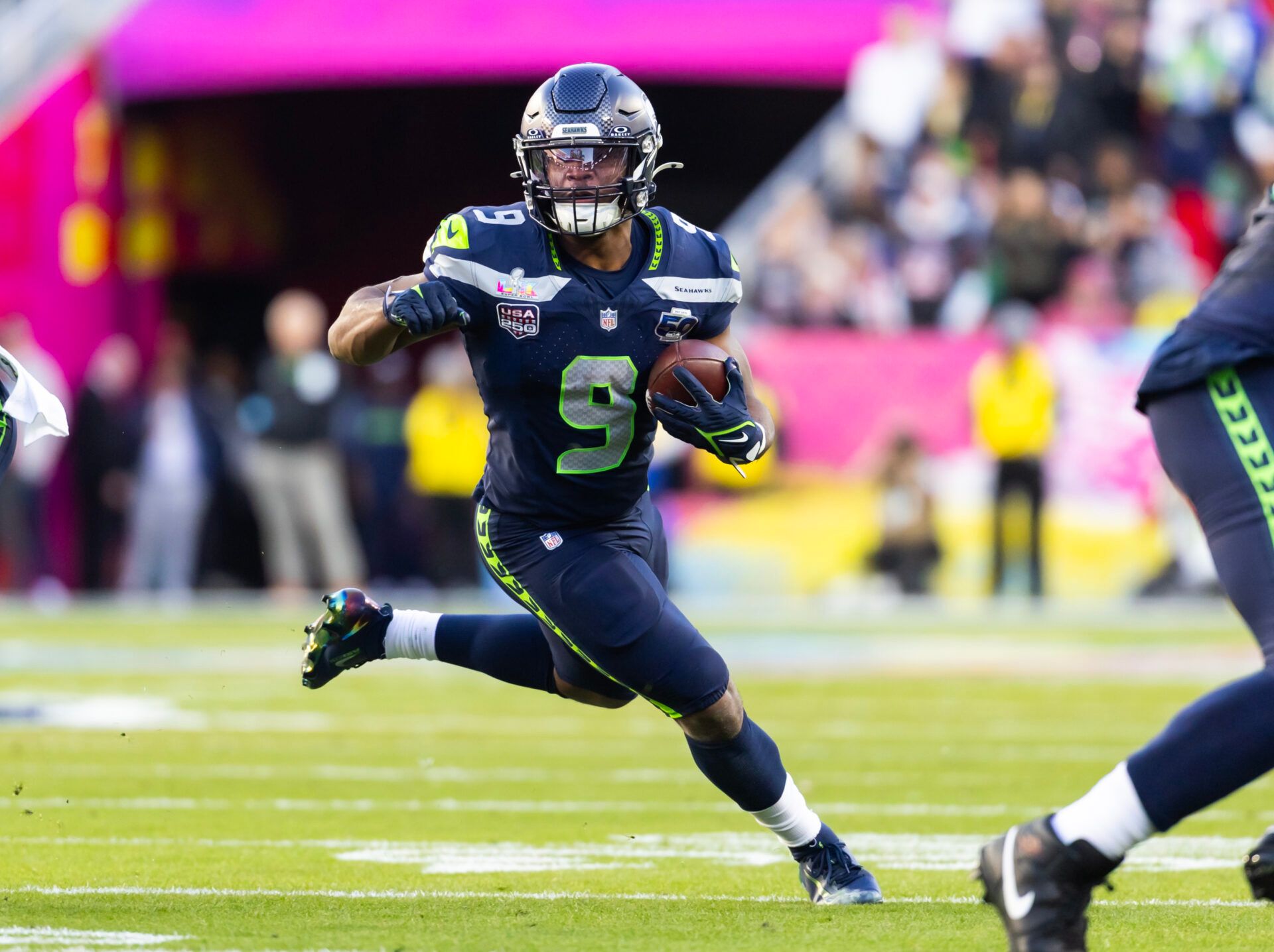 Seattle Seahawks running back Kenneth Walker III (9) against the New England Patriots during Super Bowl LX at Levi's Stadium.