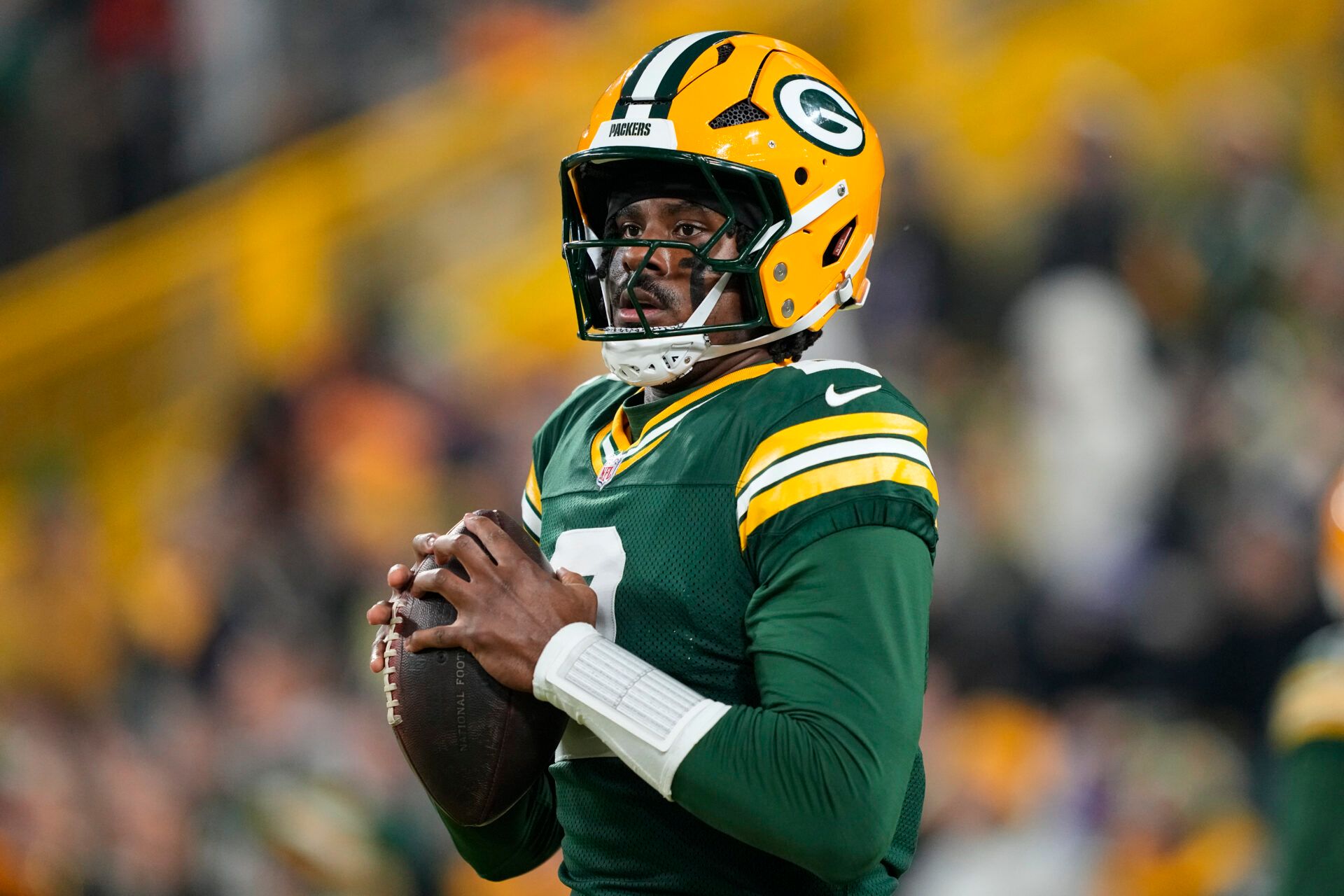 Green Bay Packers quarterback Malik Willis (2) during warmups prior to the game against the Baltimore Ravens at Lambeau Field.
