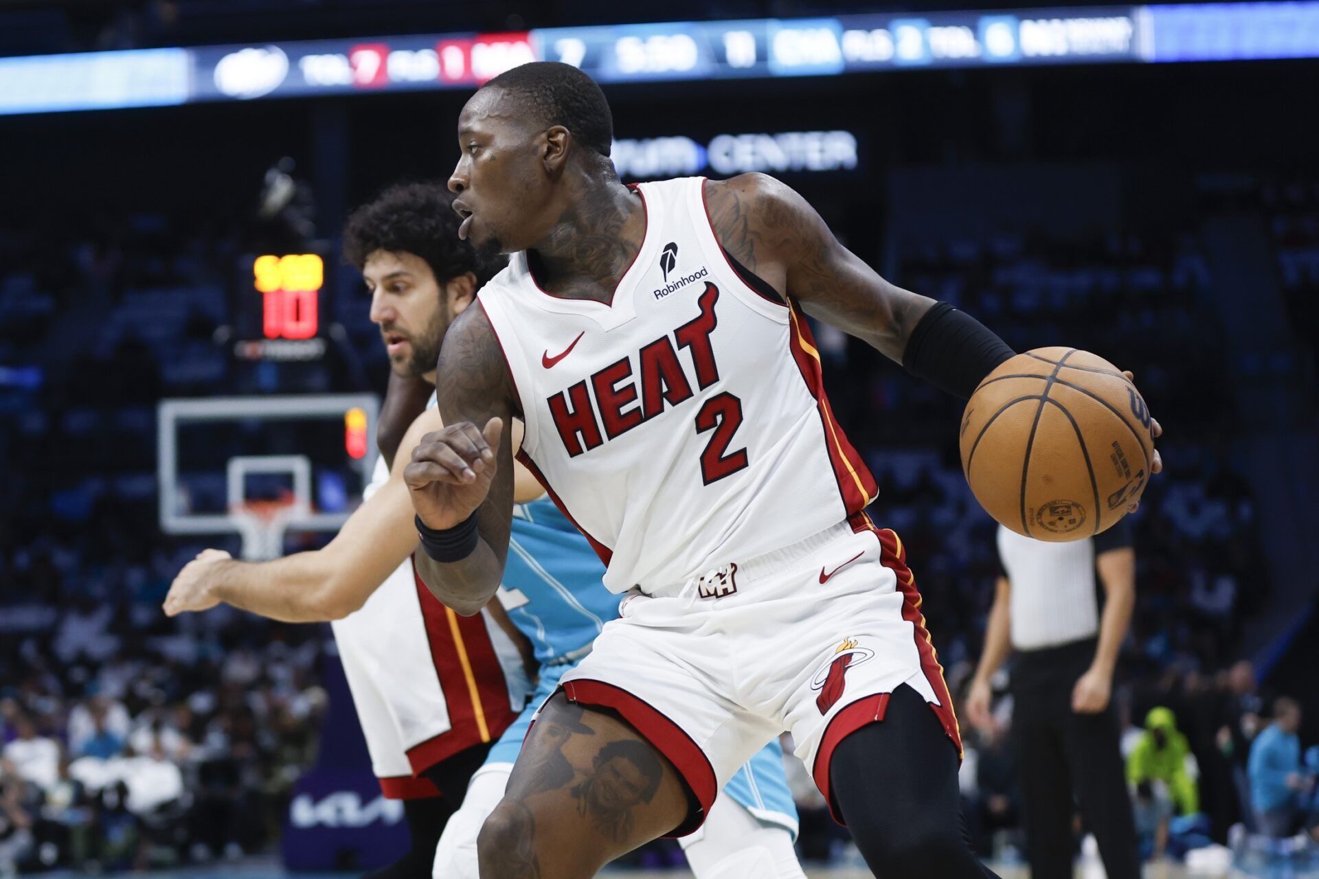 Miami Heat guard Terry Rozier (2) drives the baseline against the Charlotte Hornets during the first quarter at Spectrum Center.