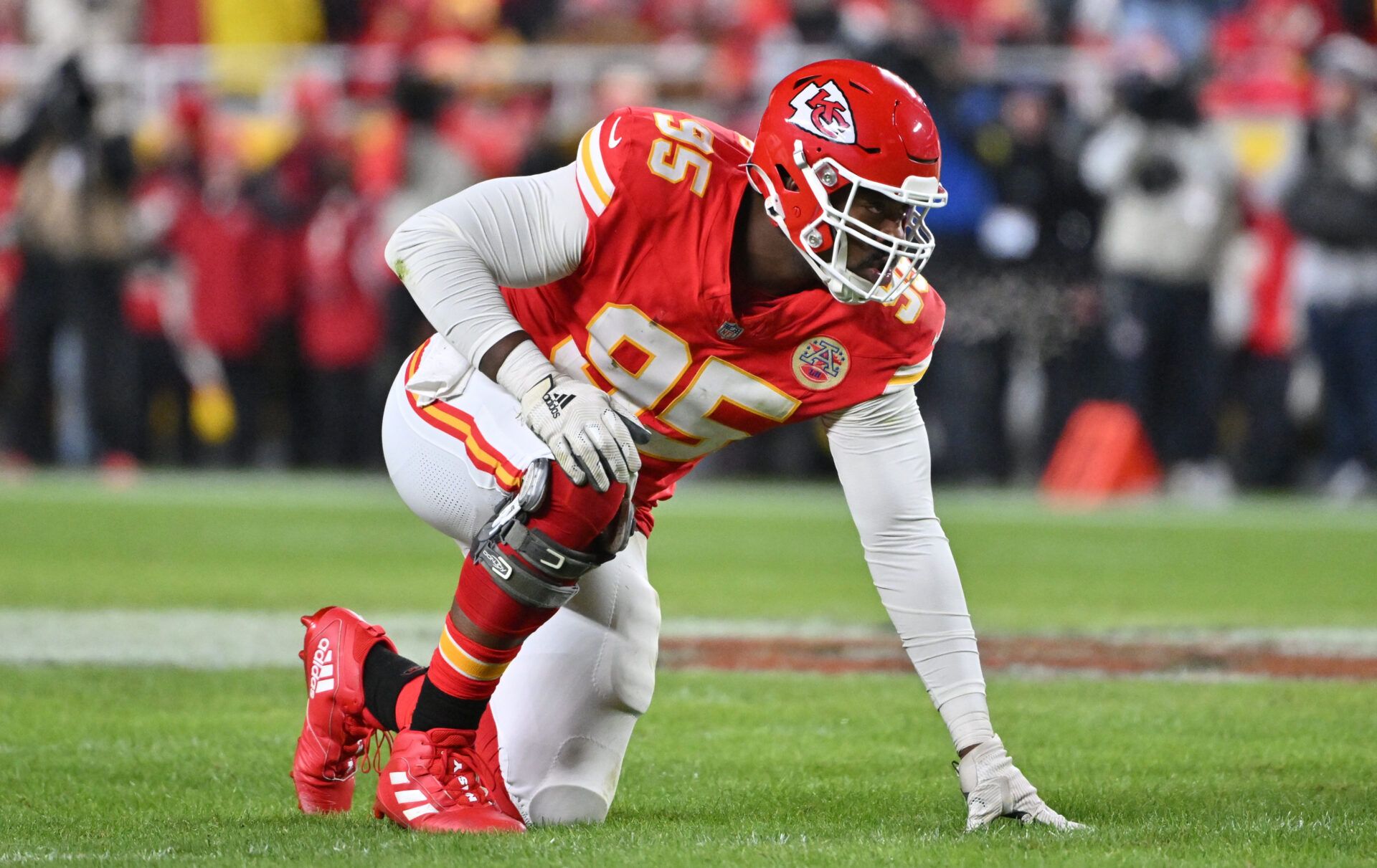 Kansas City Chiefs defensive tackle Chris Jones (95) lines up for the snap during the second quarter against the Houston Texans at GEHA Field at Arrowhead Stadium.