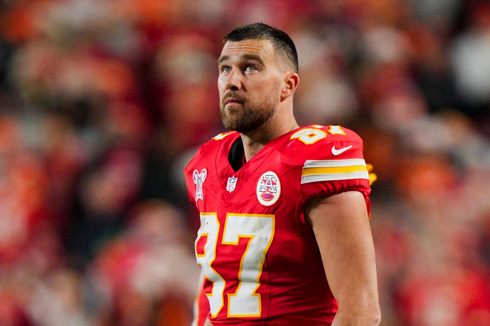 Kansas City Chiefs tight end Travis Kelce (87) reacts during the second half against the Denver Broncos at GEHA Field at Arrowhead Stadium.
