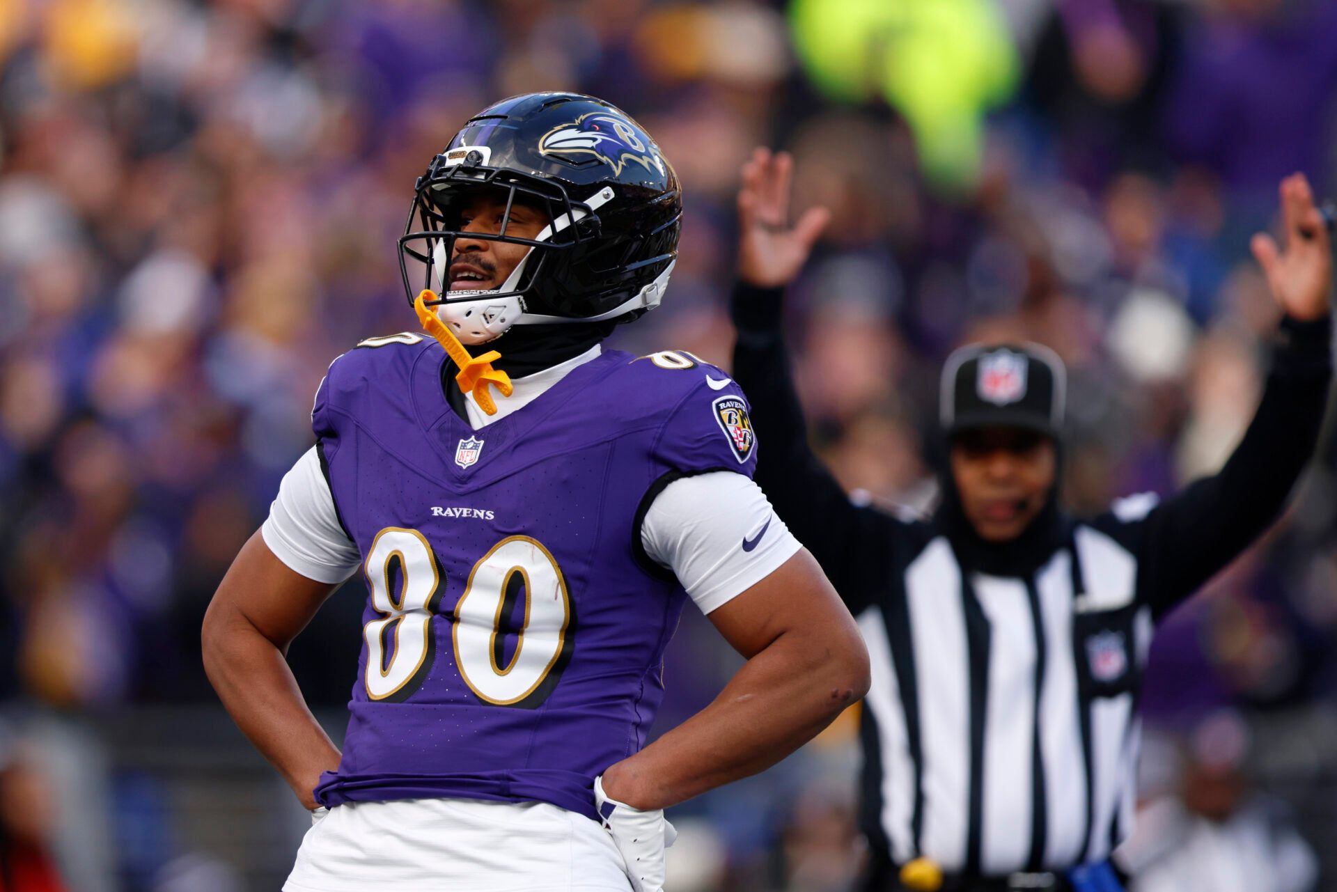 Baltimore Ravens tight end Isaiah Likely (80) reacts after scoring a touchdown against the Pittsburgh Steelers during the second half at M&T Bank Stadium.